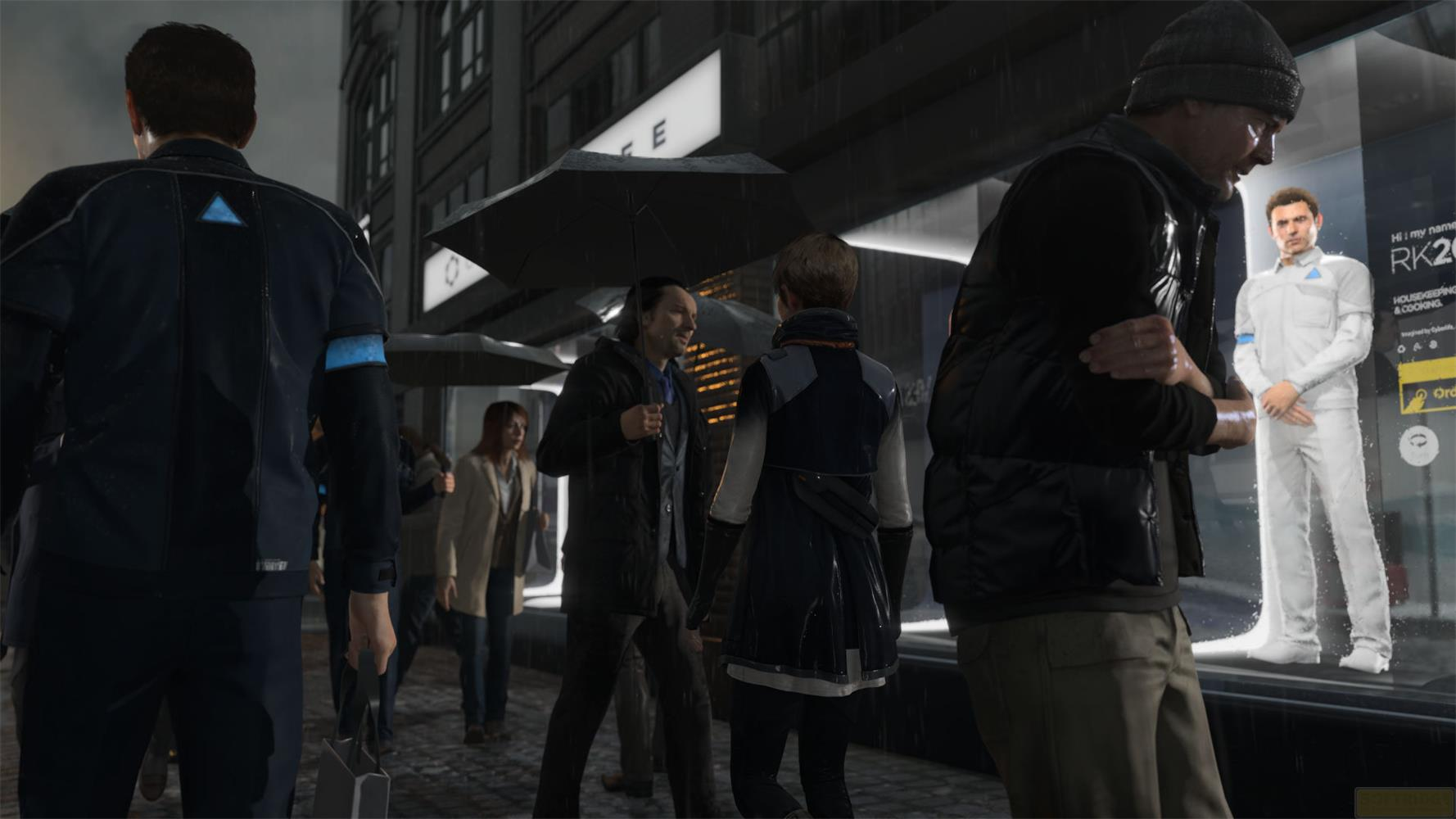 Des gens avec des parapluies marchent dans une rue. Un androïde est dans une vitrine.