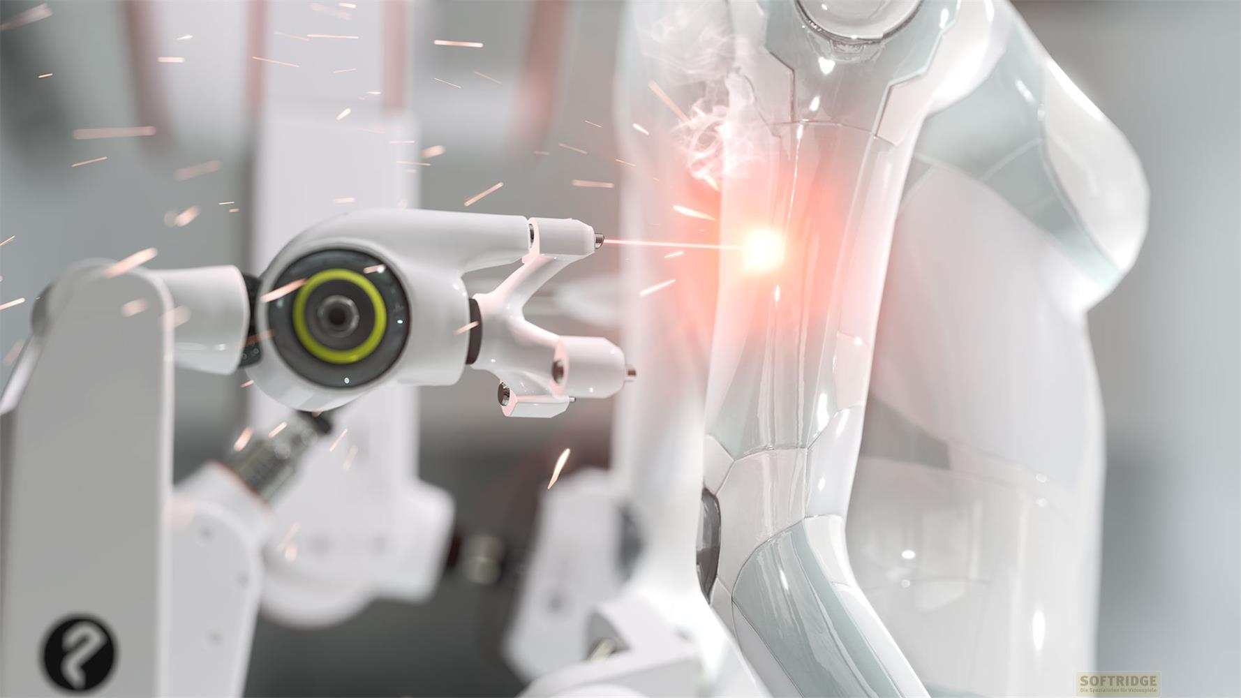 Un bras robotique avec un faisceau laser travaille sur un boîtier de robot blanc.