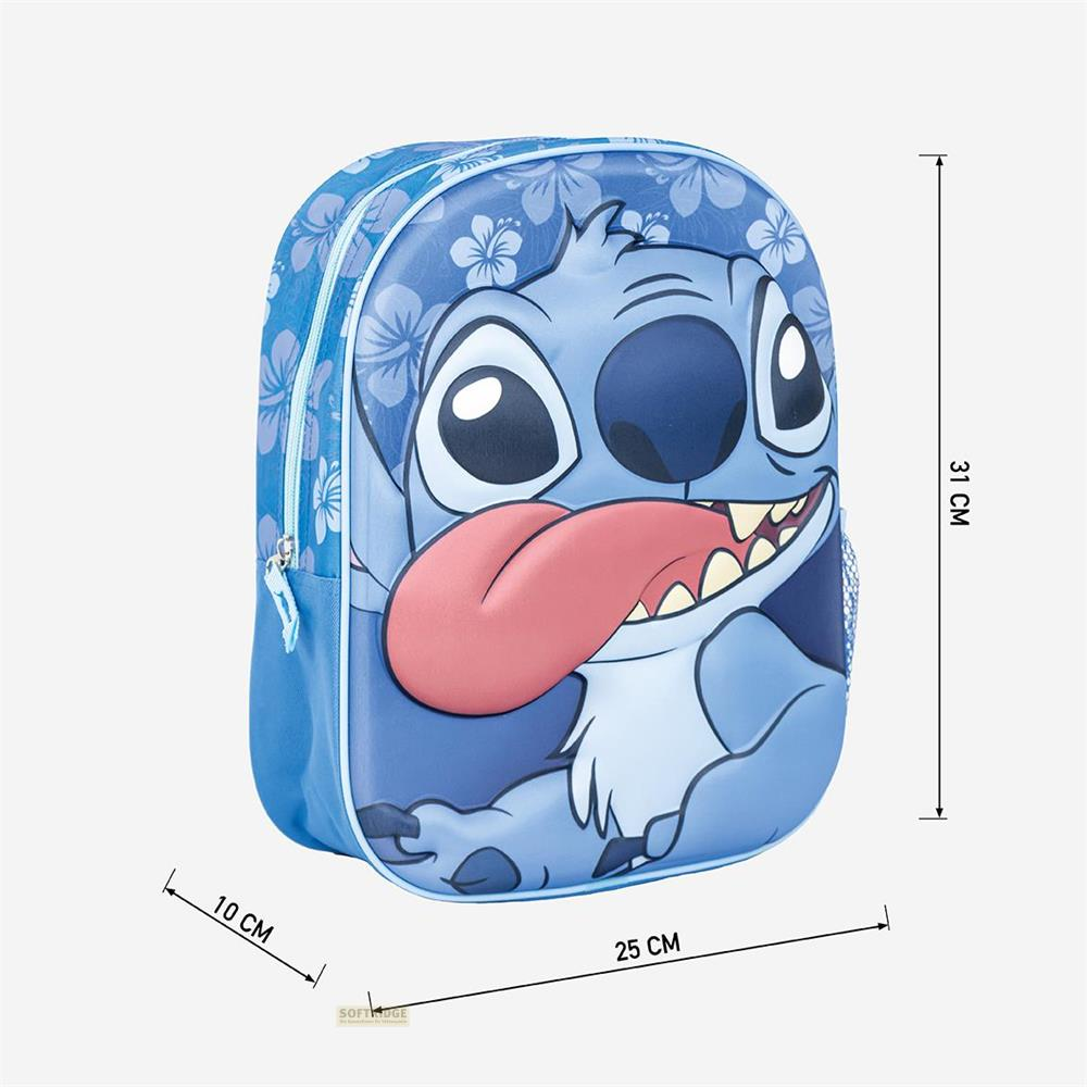 Ein blauer Rucksack mit Stitch, der die Zunge herausstreckt. Maße: 31x25x10 cm.