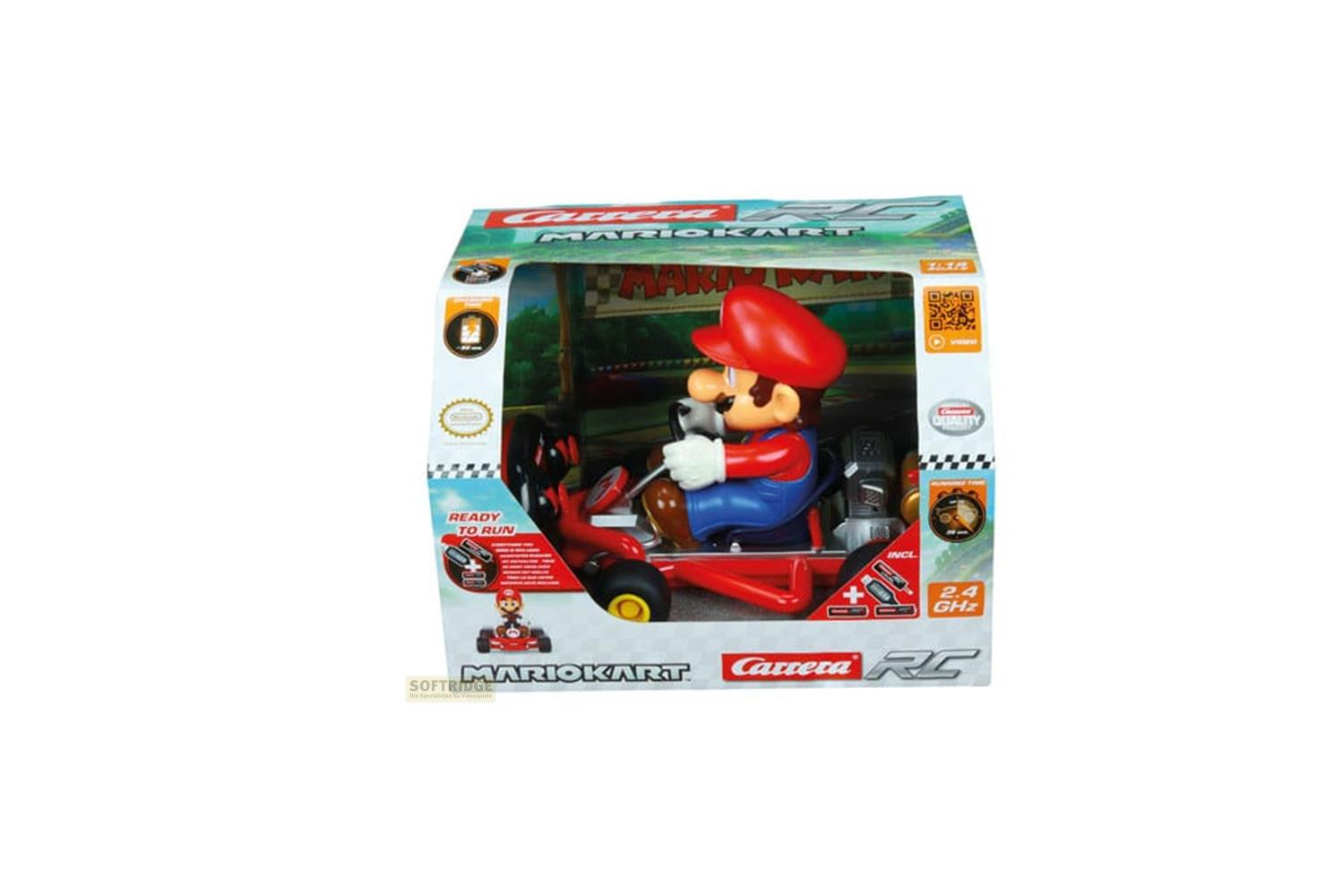 Mario en un coche de juguete go-kart en caja, listo para usar.
