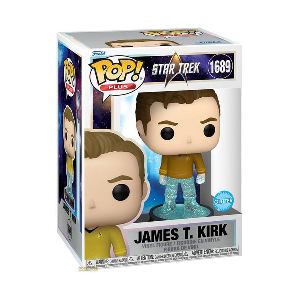 Funko Pop James T. Kirk Figur im Karton, mit Weltraumhintergrund.