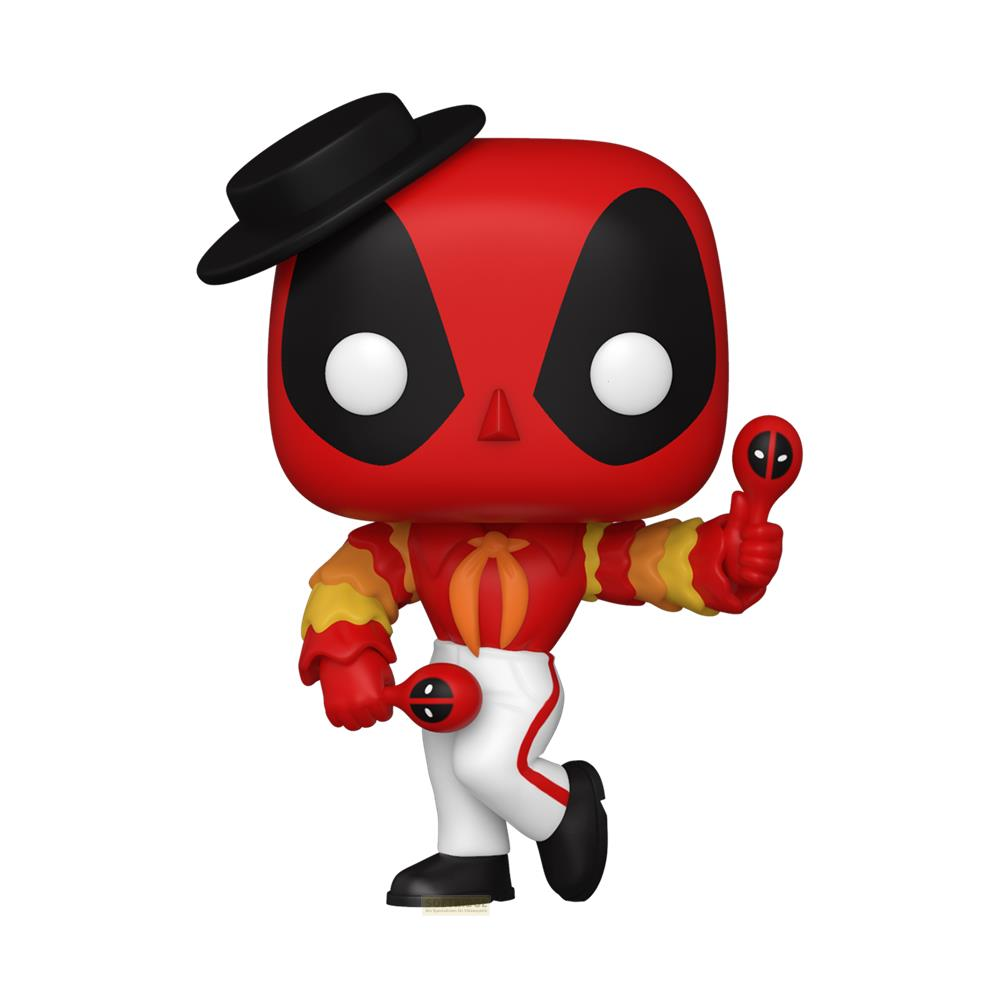 Deadpool-Figur mit Hut und Maracas, rot, schwarz, weiß und gelb.