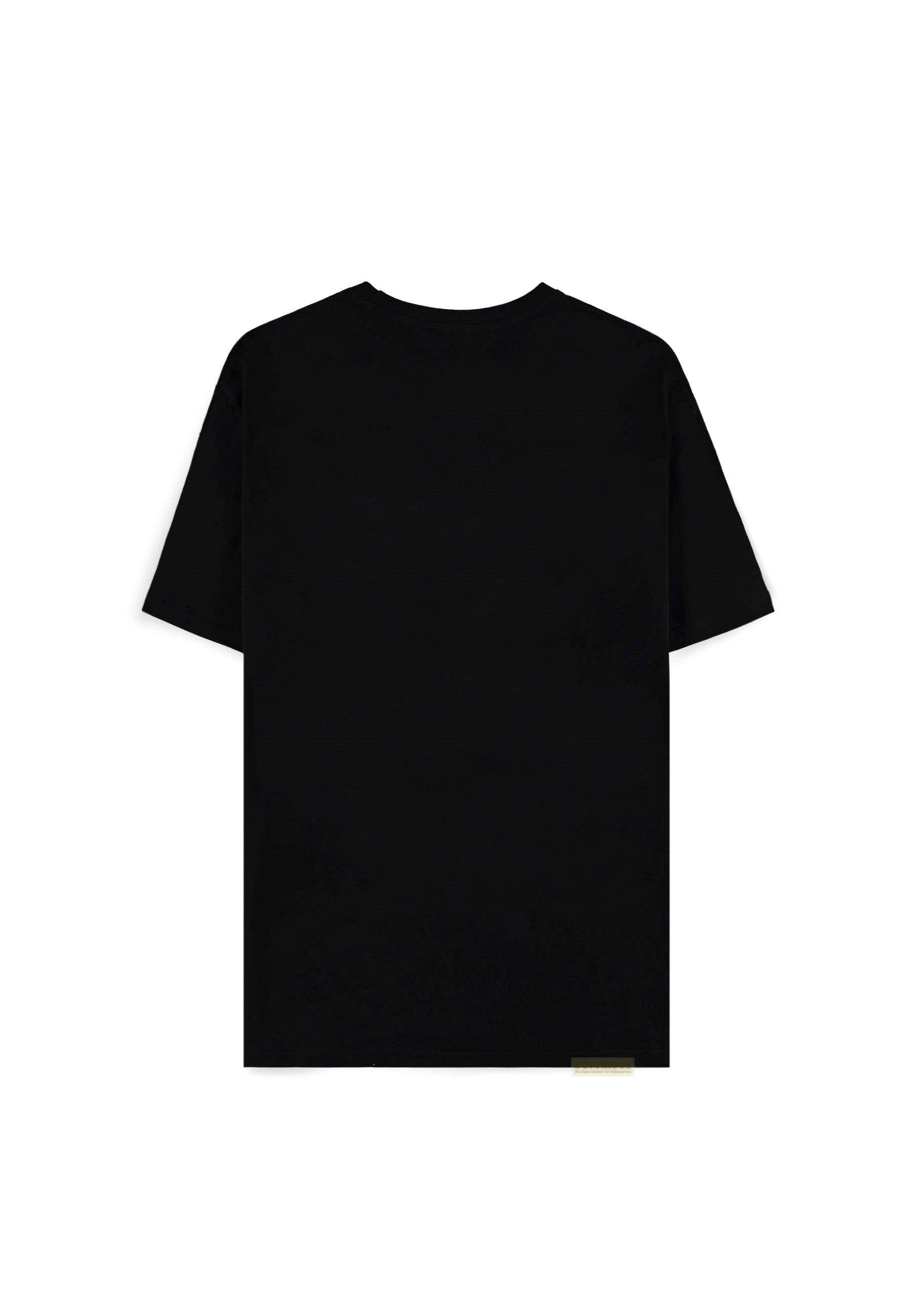 Una camiseta negra de manga corta sobre fondo blanco.