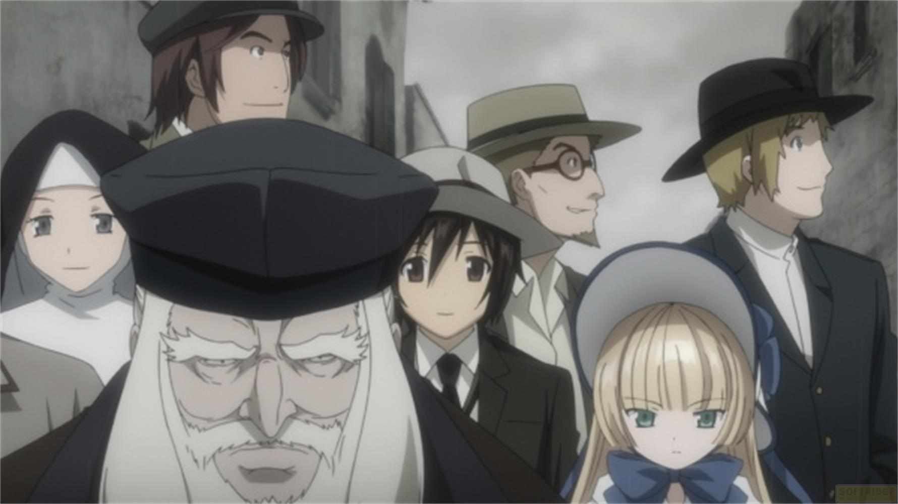 Gruppo di personaggi anime in abiti del XIX secolo. Un uomo anziano in primo piano.