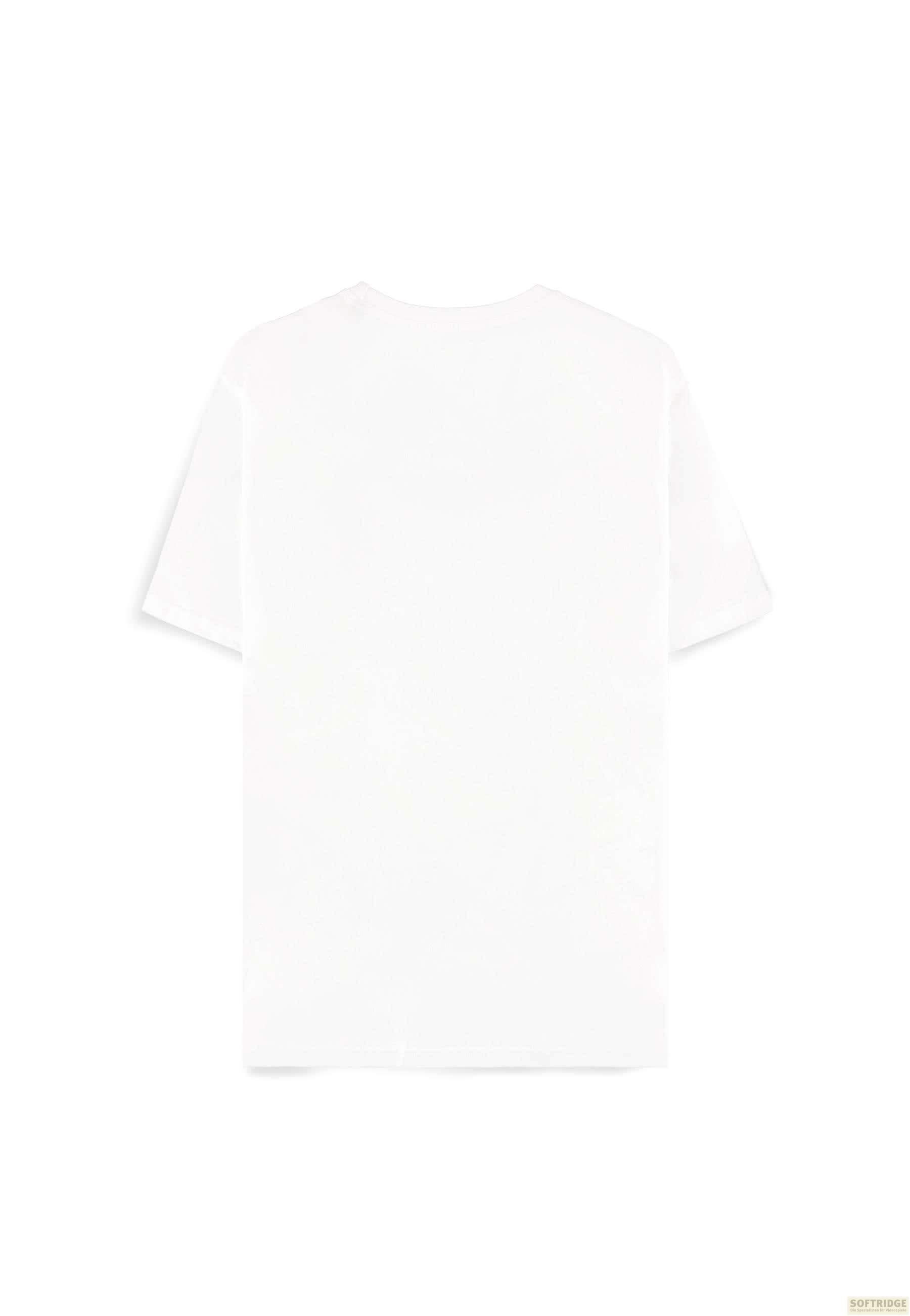 Ein weißes T-Shirt mit kurzen Ärmeln, von hinten fotografiert.