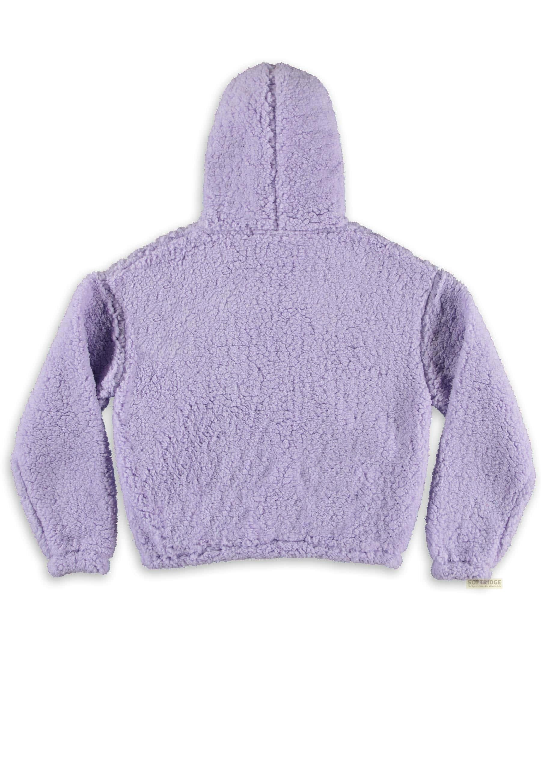 Ein lila Teddy-Kapuzenpullover mit langen Ärmeln.
