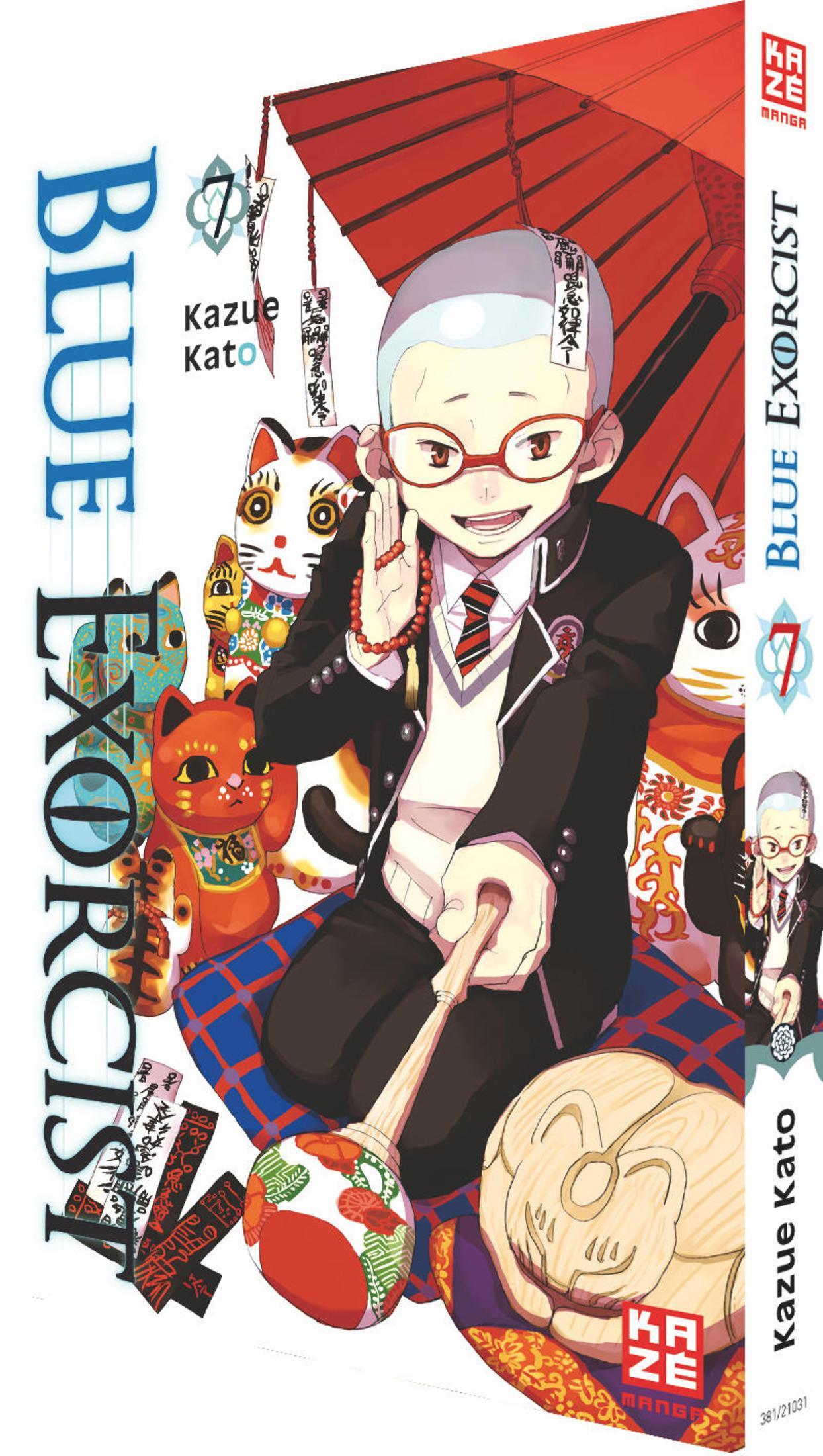 Couverture manga : Garçon avec lunettes, parapluie rouge et chats porte-bonheur. "Blue Exorcist 7"