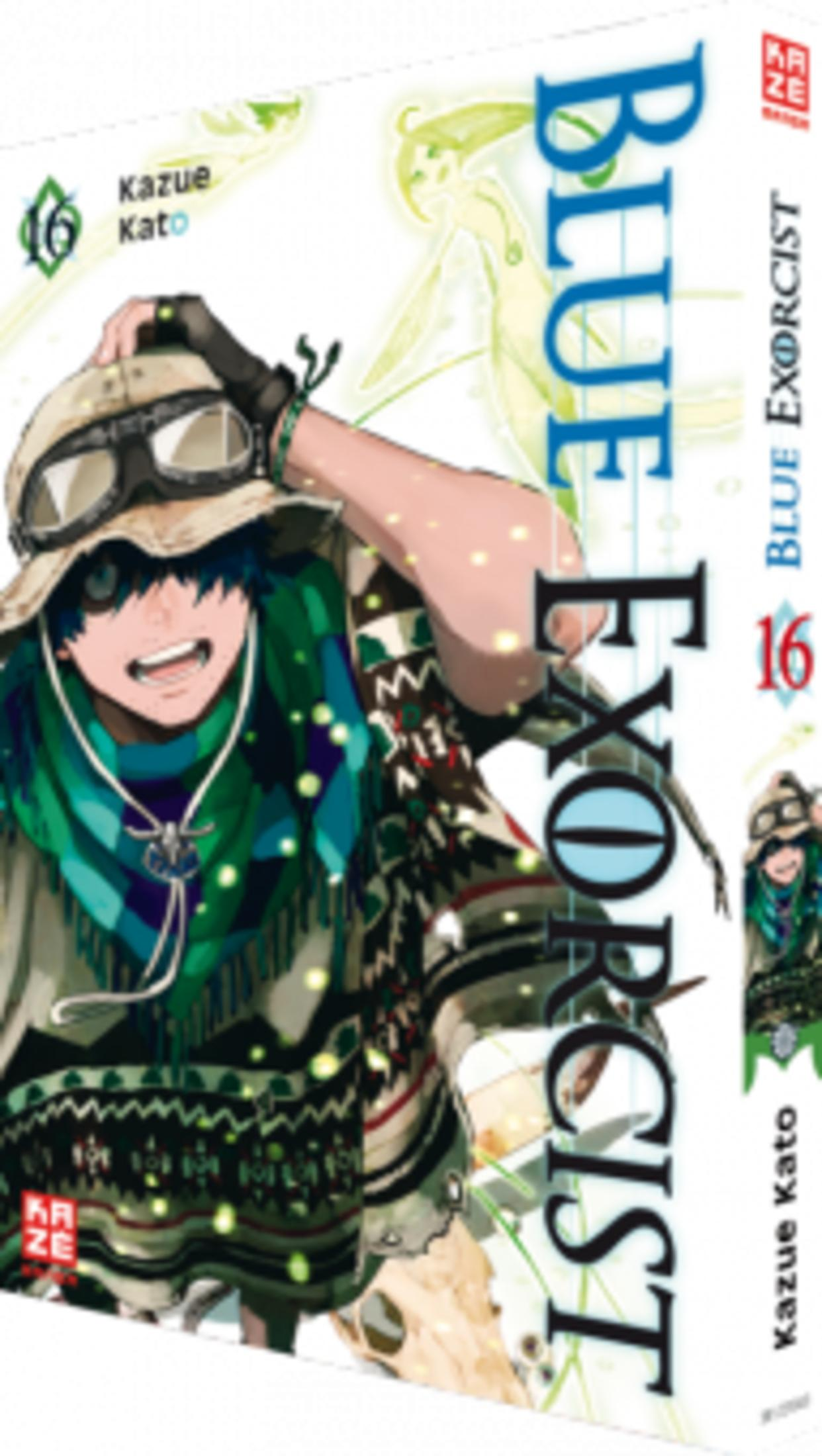 Un personnage d'anime aux cheveux bleus porte des lunettes et une écharpe colorée.