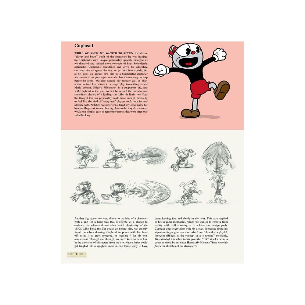 Conception du personnage de Cuphead avec texte et croquis de diverses poses.