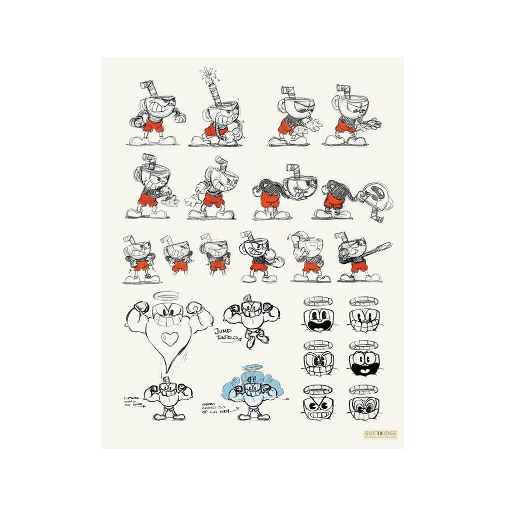 Dessins de Cuphead dans diverses poses et expressions faciales.