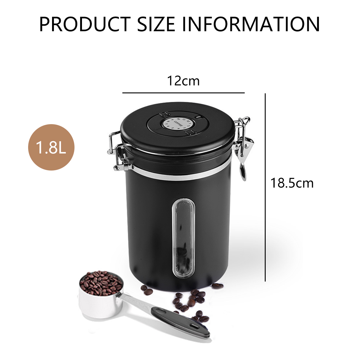 Schwarzer Kaffeebehälter (1,8L, 12x18,5cm) mit Löffel und Bohnen.