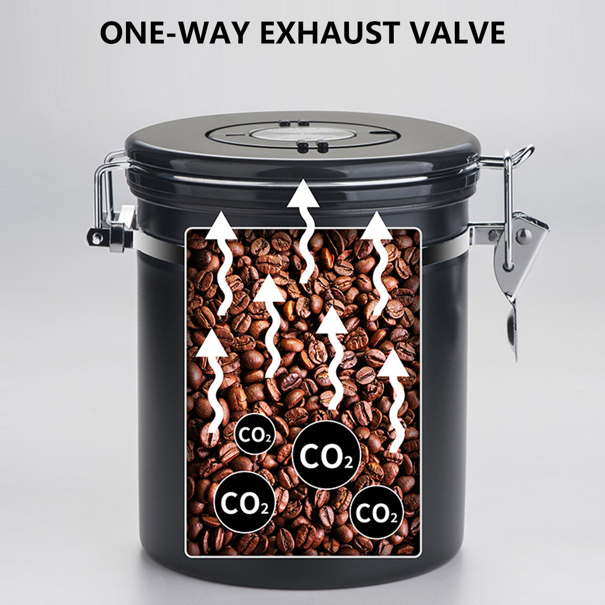 Ein schwarzer Behälter mit Kaffeebohnen und Pfeilen, die CO2 anzeigen.