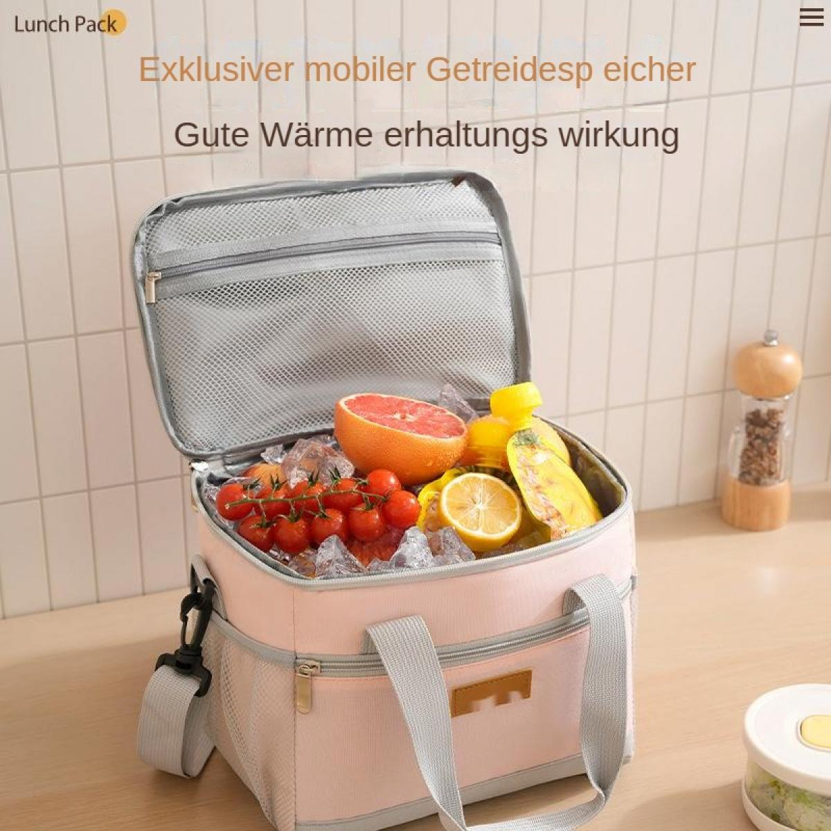 Ein pinker Kühltaschen-Öffner mit Eis, Tomaten, Zitrone, Grapefruit und Flaschen.