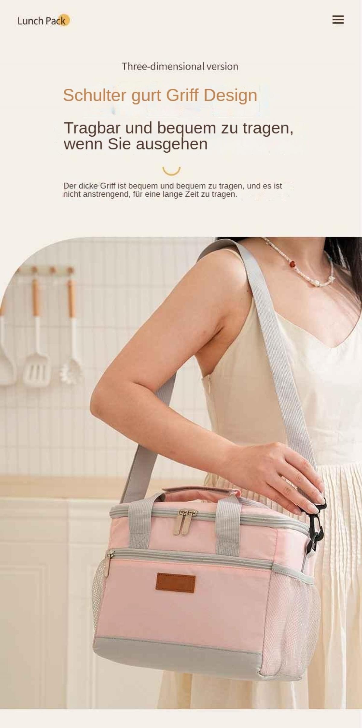 Eine Frau trägt eine rosafarbene Kühltasche mit Schultergurt.