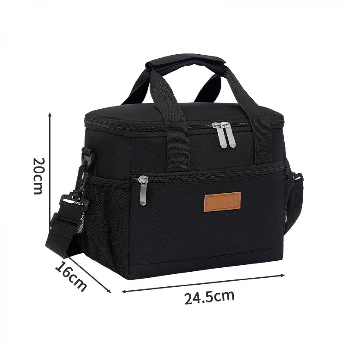 Schwarze Kühltasche mit Tragegriffen, Reißverschlüssen und seitlichen Netztaschen.