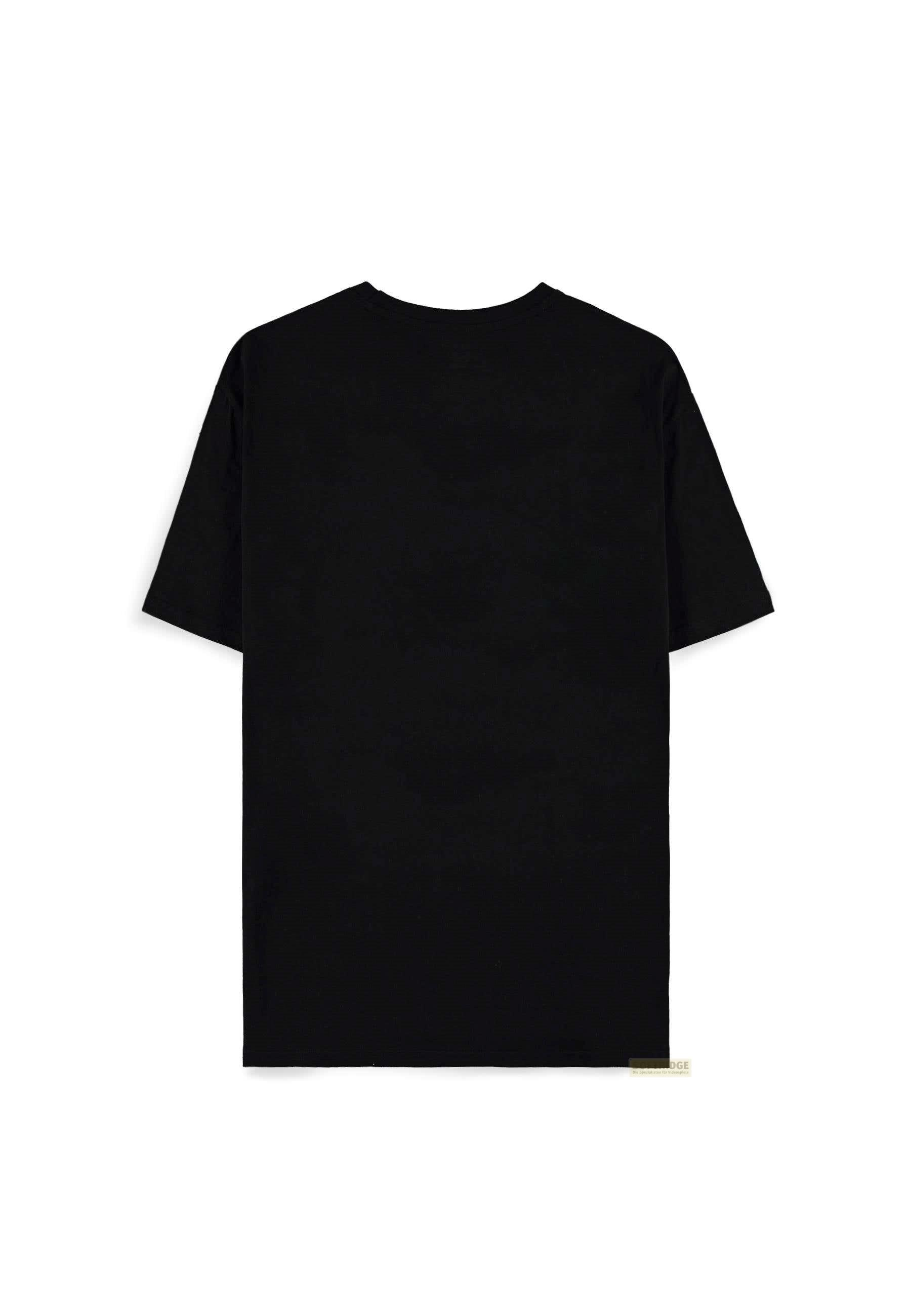 Una camiseta negra de manga corta, sobre fondo blanco.