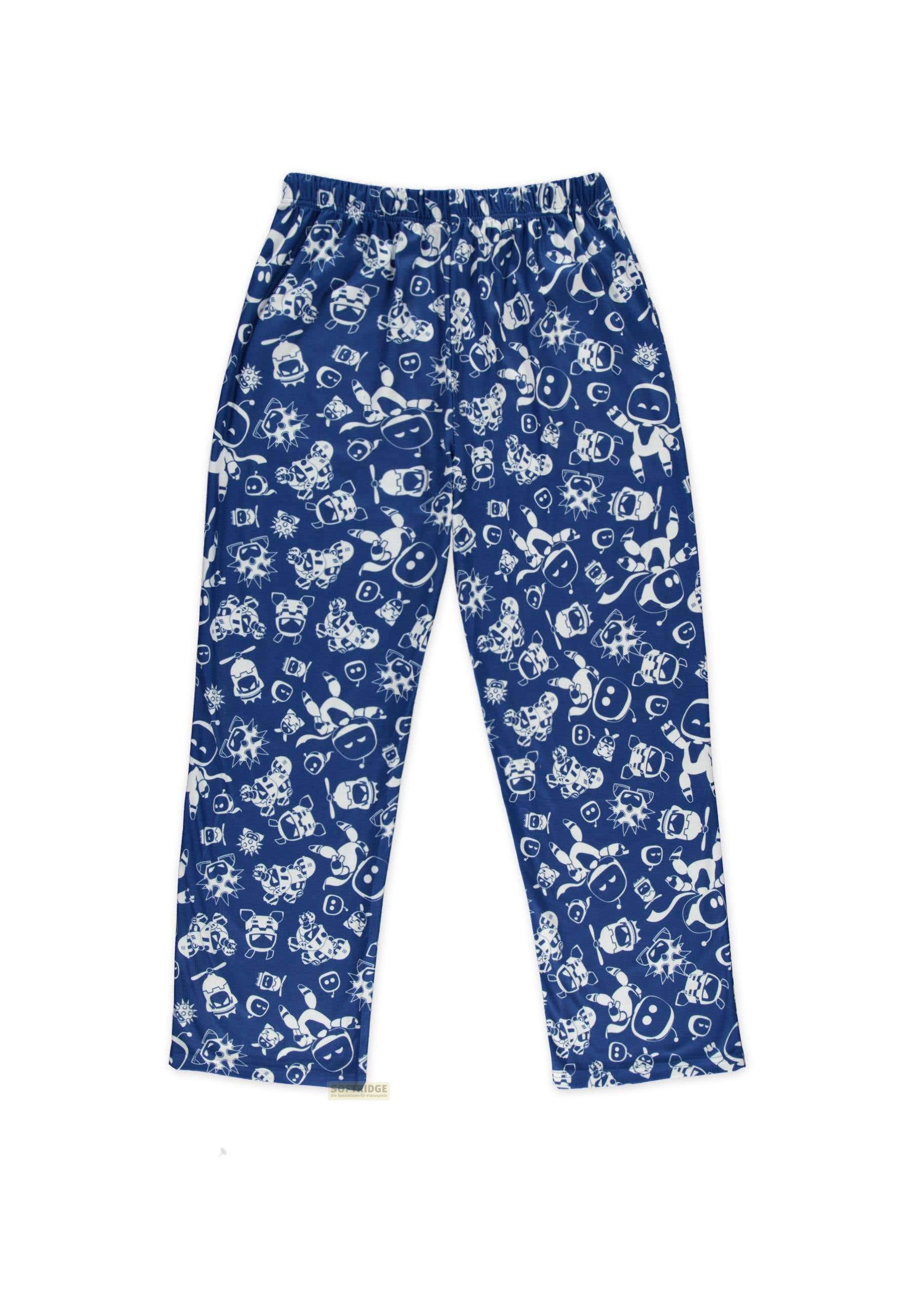 Blaue Hose mit weißem Cartoon-Druck von Robotern und Monstern.
