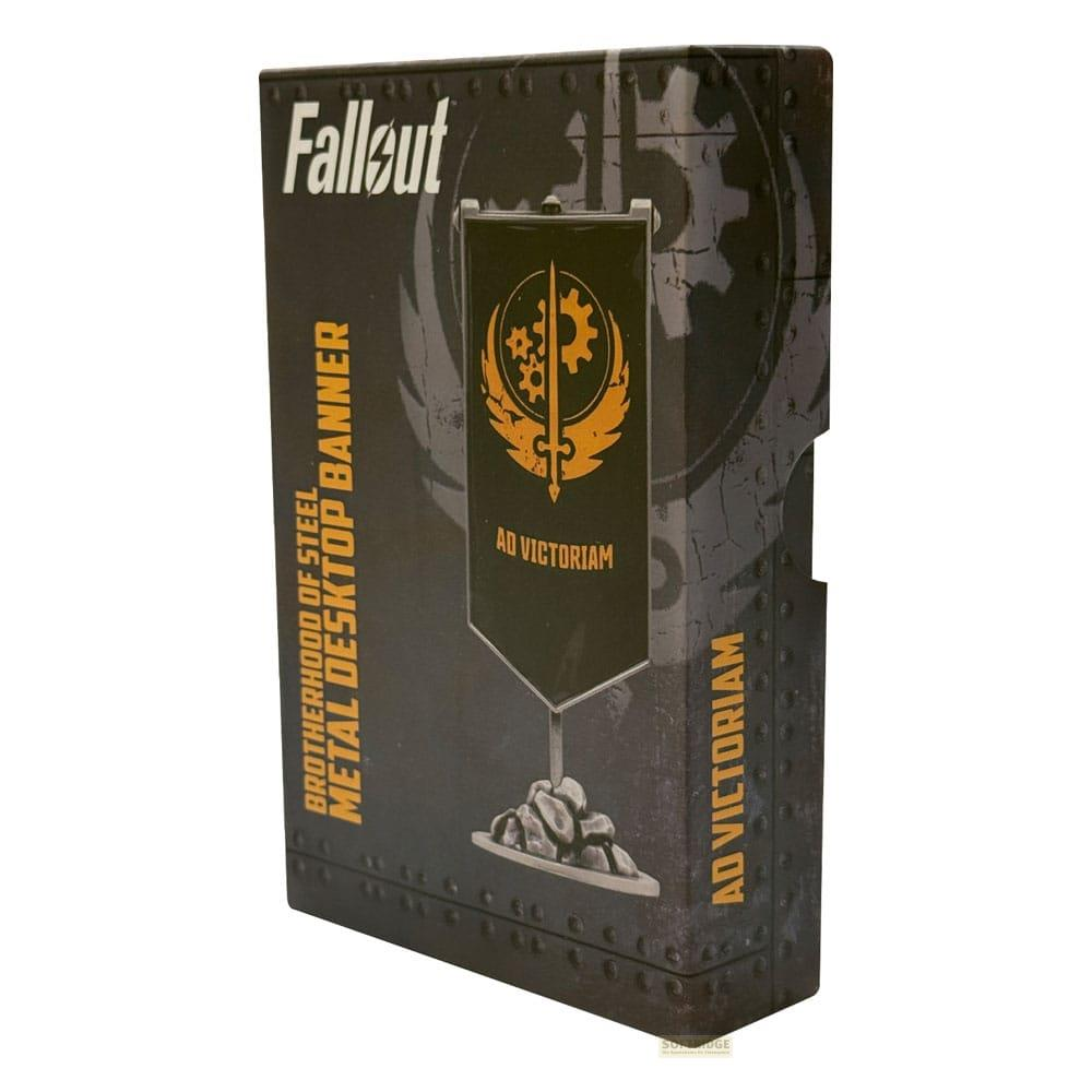 Fallout-Schachtel mit Brotherhood of Steel-Banner und "Ad Victoriam"-Aufschrift.