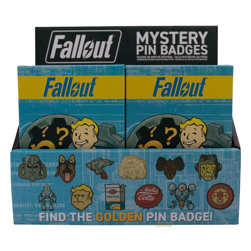 Caja de exhibición de Fallout Mystery Pin Badges con logo de Fallout y varios pines.
