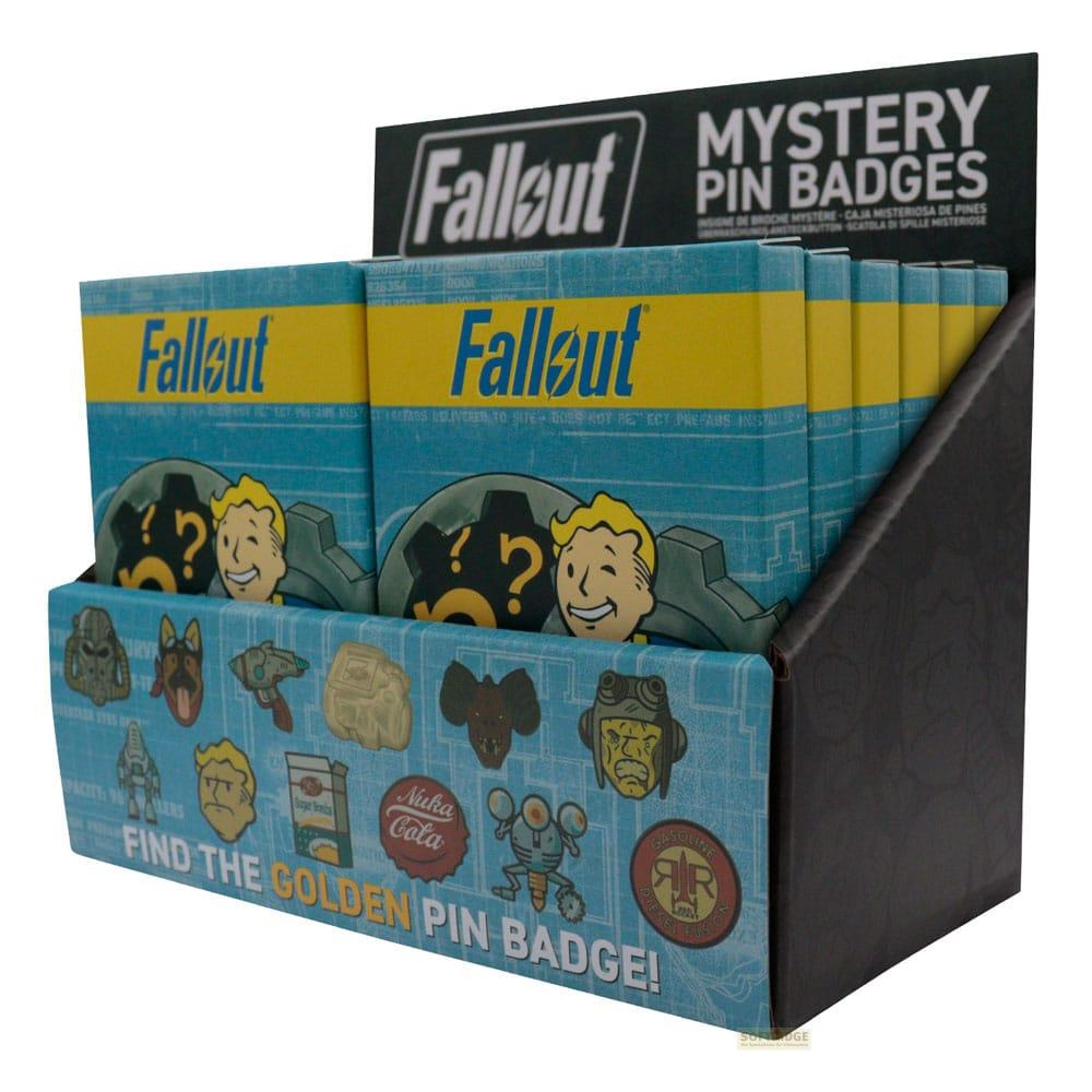 Expositor de Pines Misteriosos de Fallout con varios pines y personajes.
