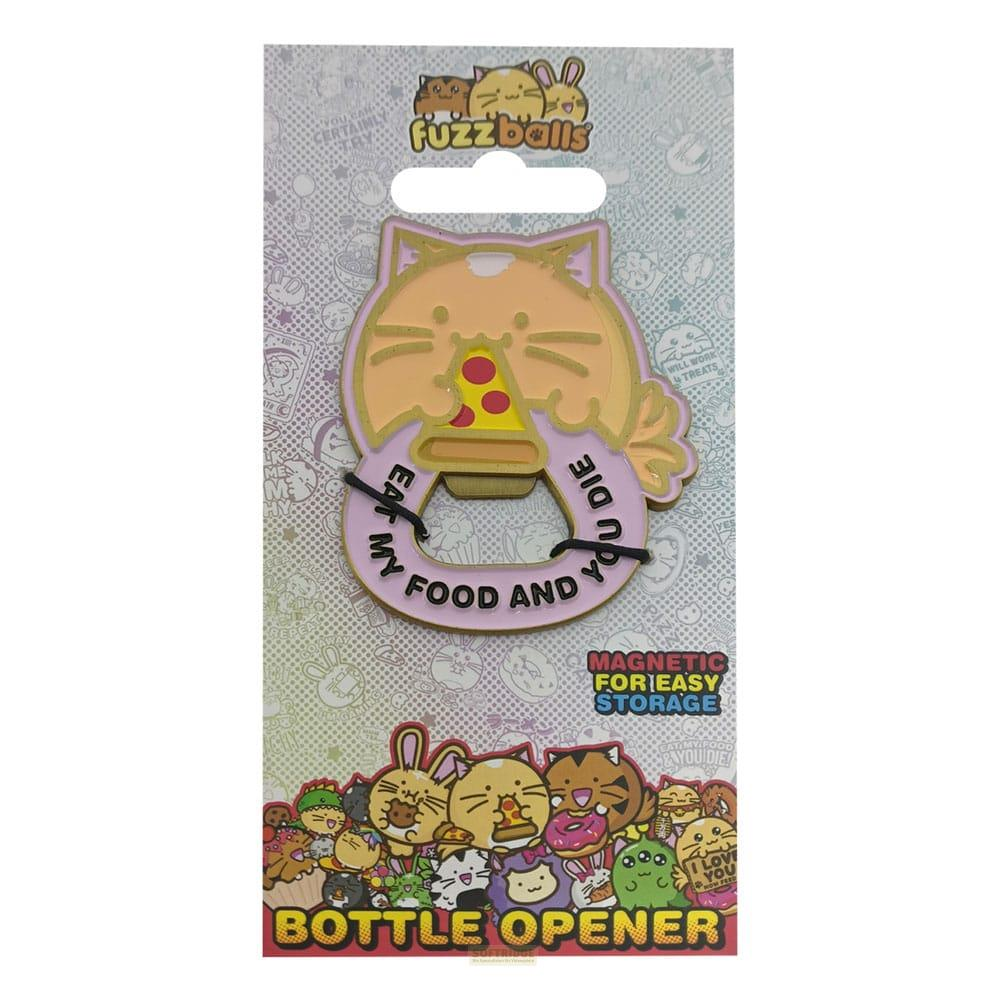Ein Katzen-Flaschenöffner mit der Aufschrift 'Eat my food and you die'.