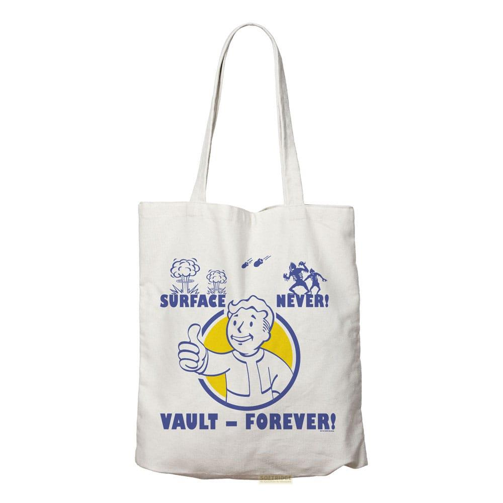 Weiße Stofftasche mit Fallout-Motiv: Vault Boy mit Daumen hoch, 'Surface Never!', 'Vault - Forever!'.