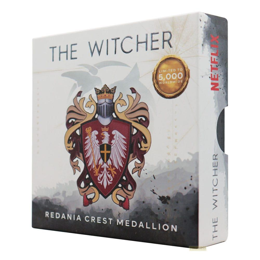 Verpackung von The Witcher Redania Crest Medallion mit Wappen, Krone und Netflix-Logo.