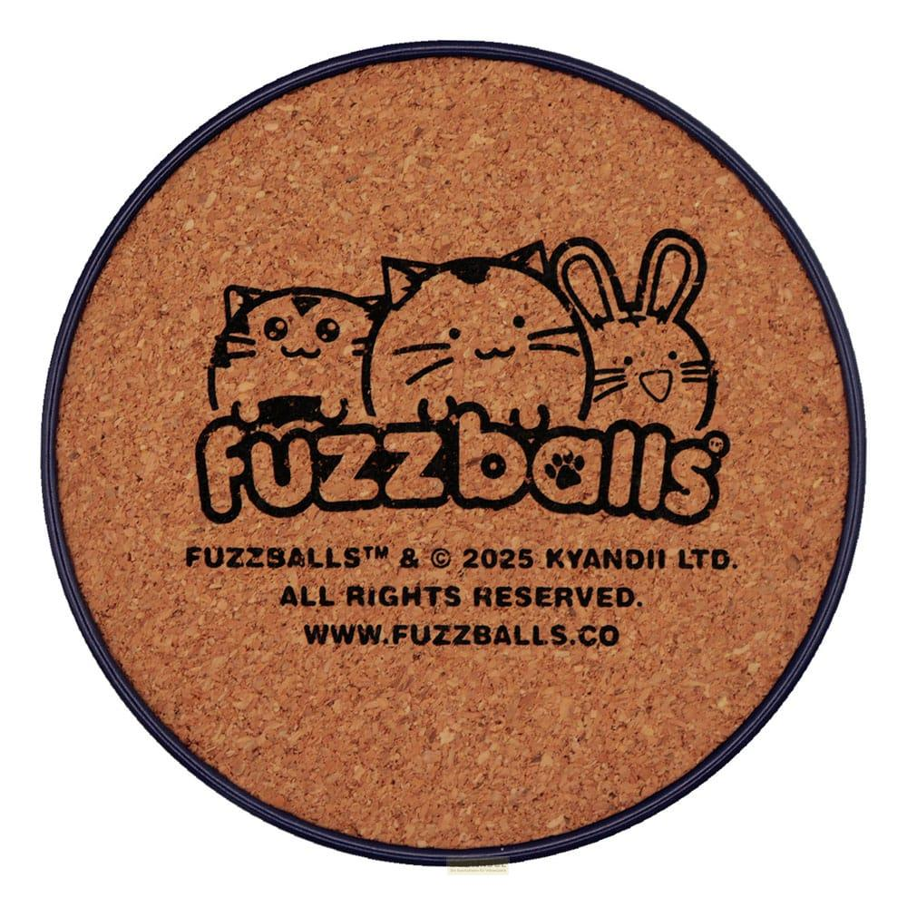 Runder Korkuntersetzer mit Fuzzballs-Logo und drei niedlichen Tiergesichtern.