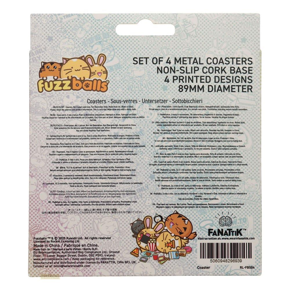 Verpackung für 4 Fuzzballs-Untersetzer aus Metall mit Zinn-Design und Korkbasis.
