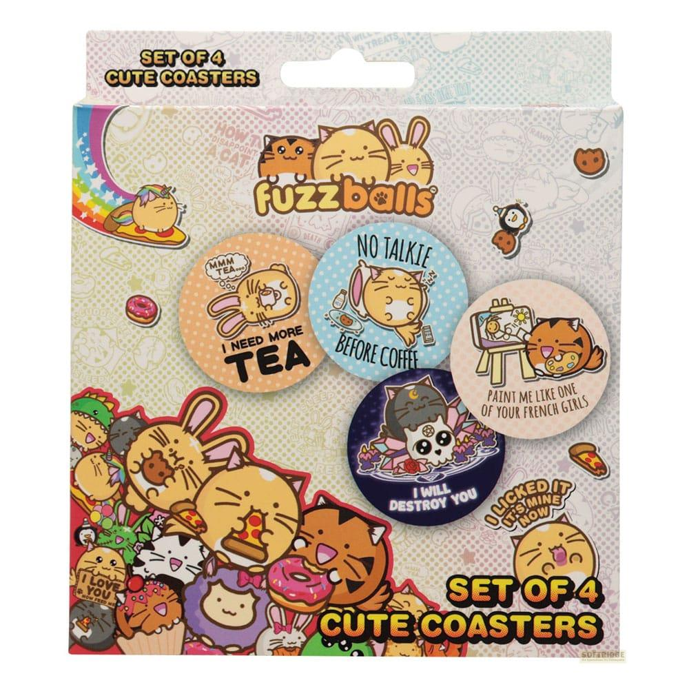 Set aus 4 Fuzzballs-Untersetzern mit Katzenmotiven und lustigen Sprüchen.