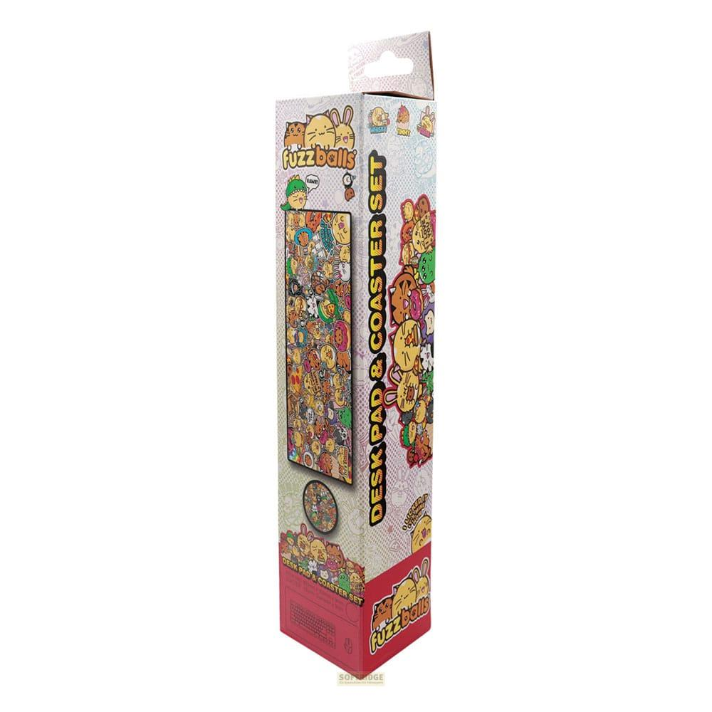 Verpackung für ein Schreibtischset mit "Fuzzballs"-Motiv, bunte Comicfiguren.