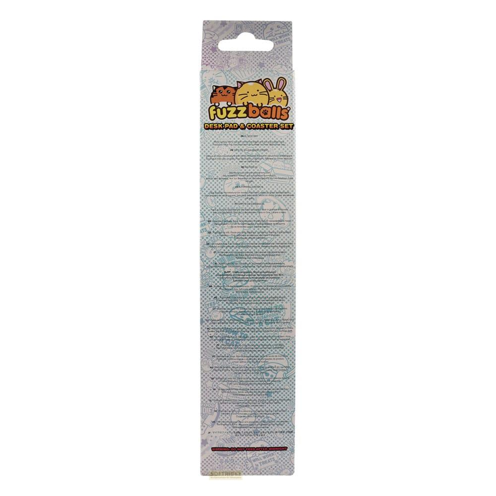 Verpackung mit Katzenmotiv für Schreibtischunterlage und Untersetzer-Set.