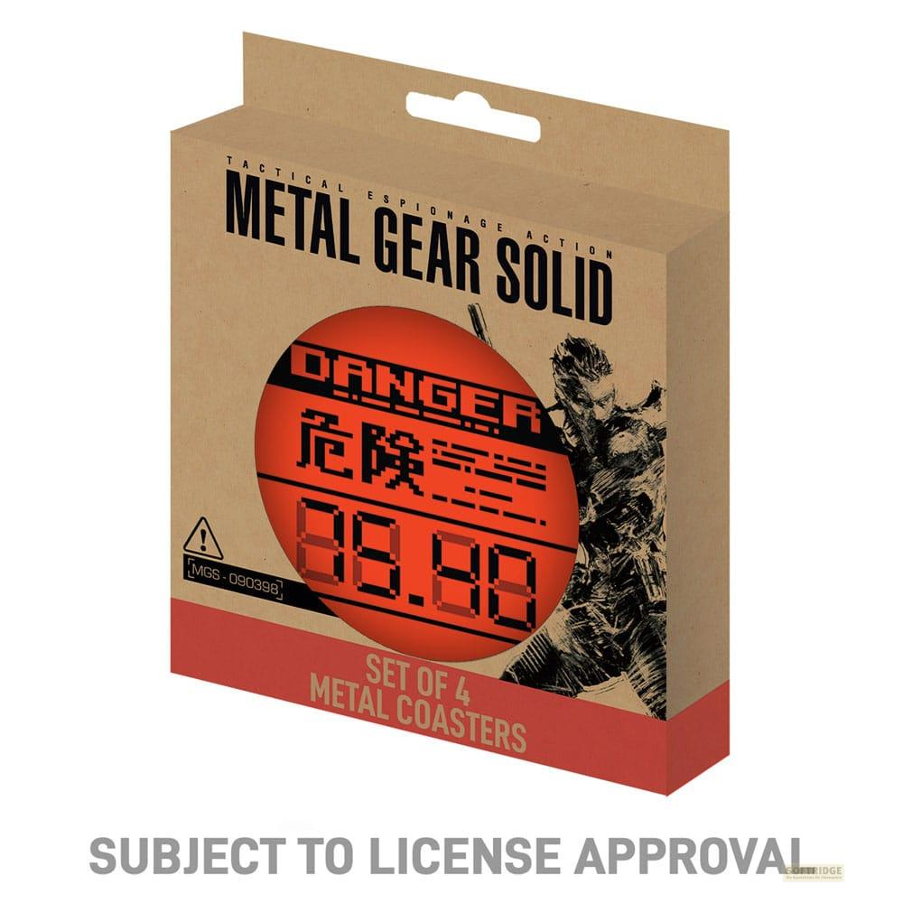 Verpackung für 4 Metal Gear Solid Untersetzer mit "Danger"-Symbol.