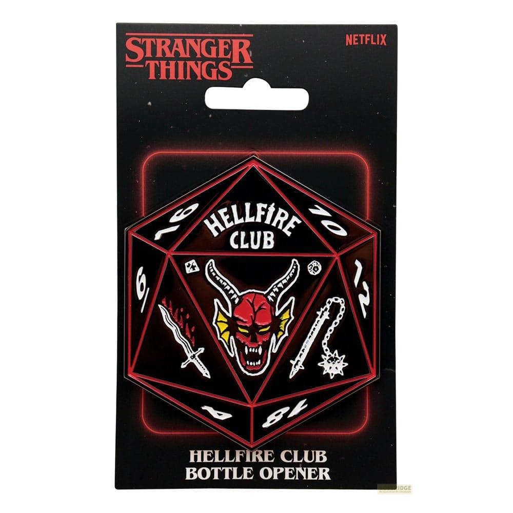 Stranger Things Hellfire Club Flaschenöffner in D20-Form mit Dämonenmotiv.