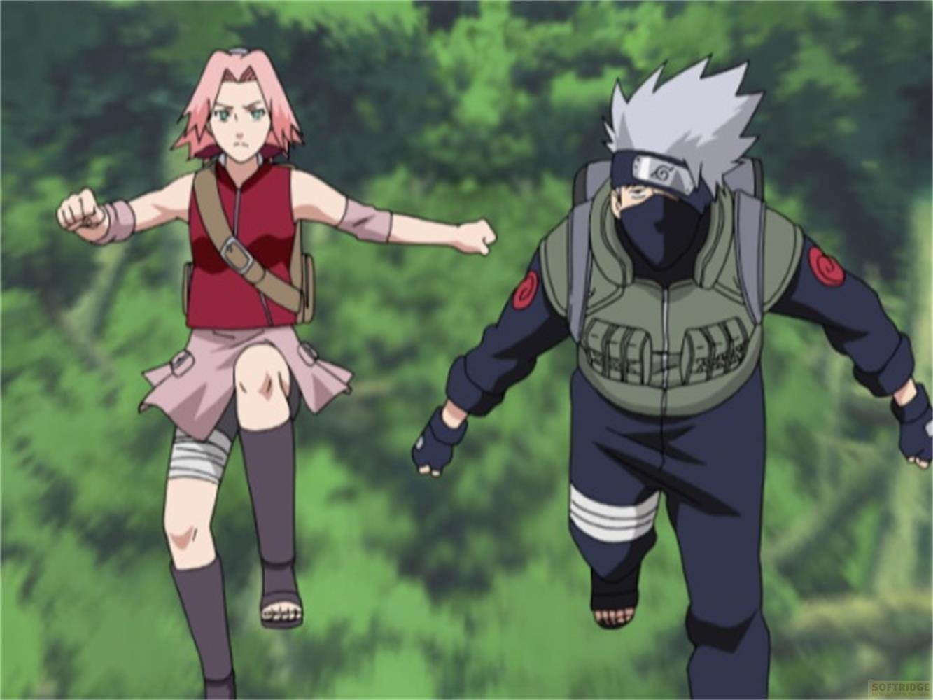 Sakura e Kakashi corrono avanti in una foresta verde. Sakura indossa rosa e rosso. Kakashi indossa verde e blu.