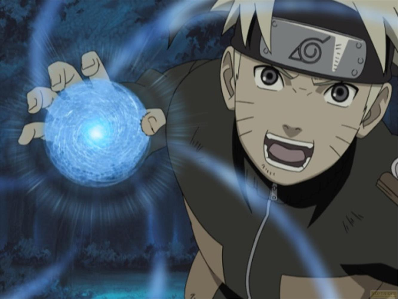 Naruto Uzumaki lancia un Rasengan blu in un ambiente buio e boscoso.