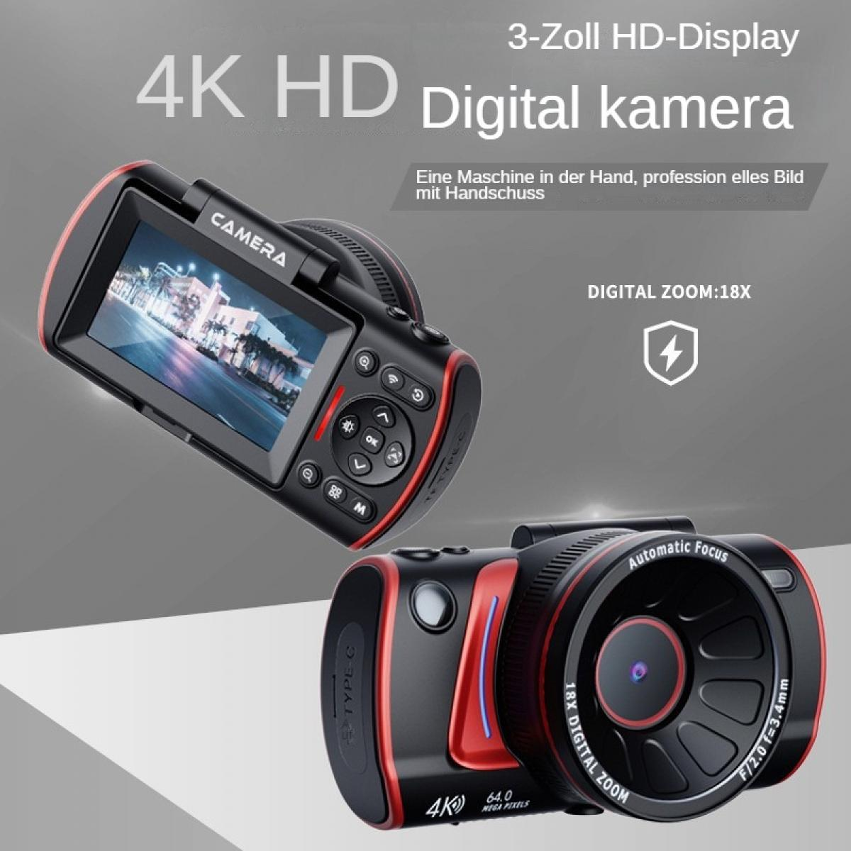 Ein schwarzes und rotes 4K-Digital-Kamerasystem mit zwei Ansichten.