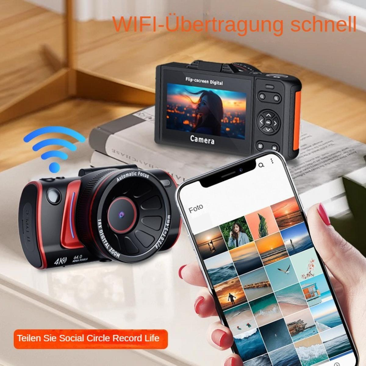 Eine Digitalkamera und ein Smartphone mit Fotos werden auf einem Tisch gezeigt.