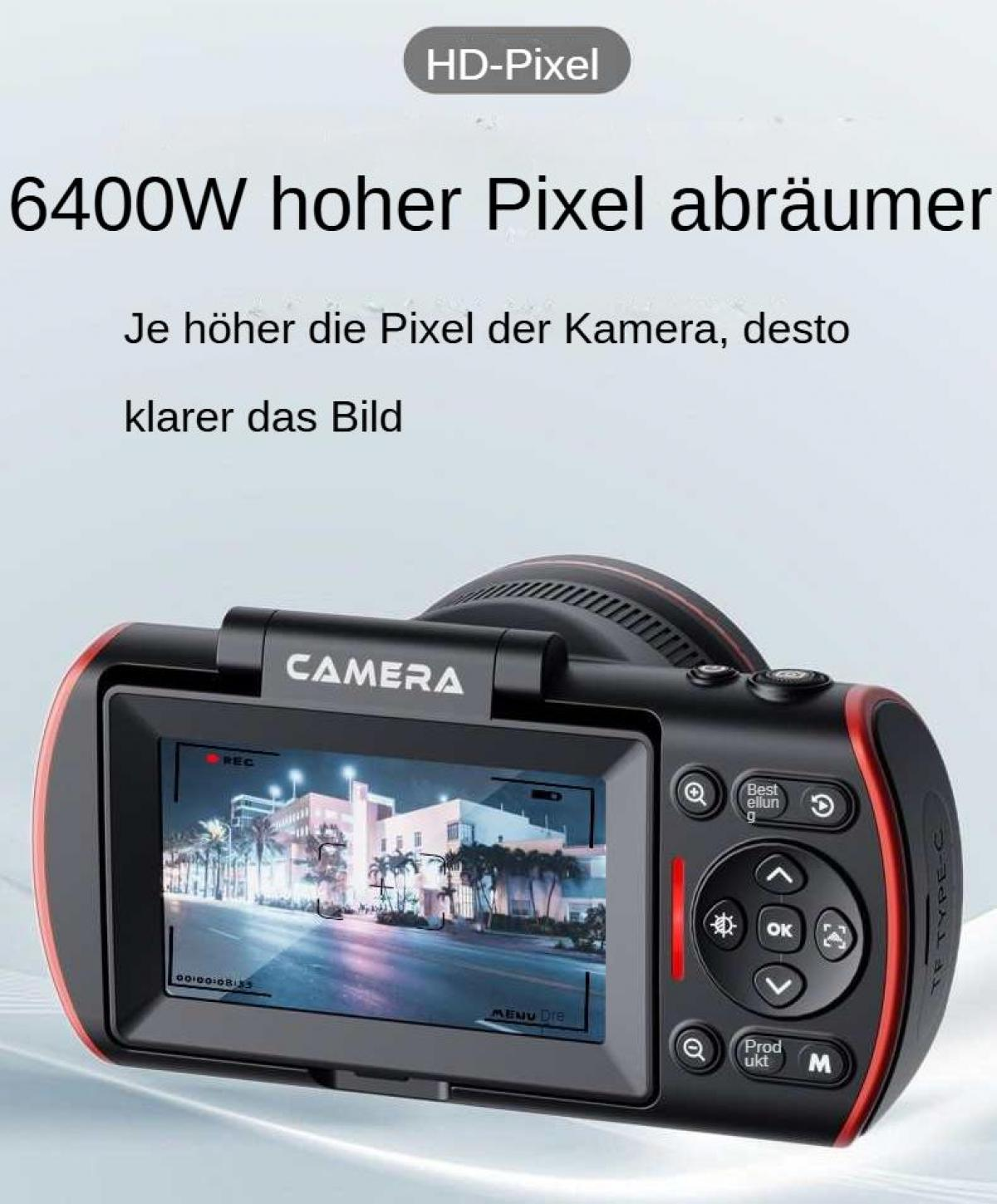 Kamera mit HD-Pixel, 6400W, zeigt nächtliche Stadtansicht auf dem Bildschirm.
