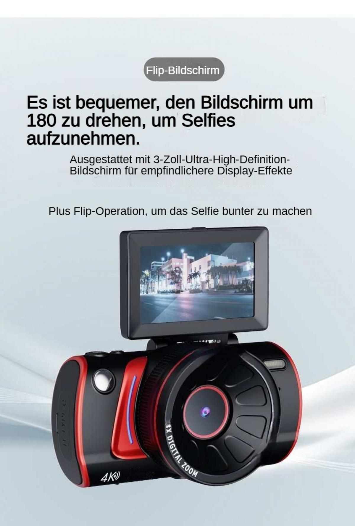 Kamera mit schwenkbarem 3-Zoll-Bildschirm, 4K-Auflösung und 5x Digitalzoom.