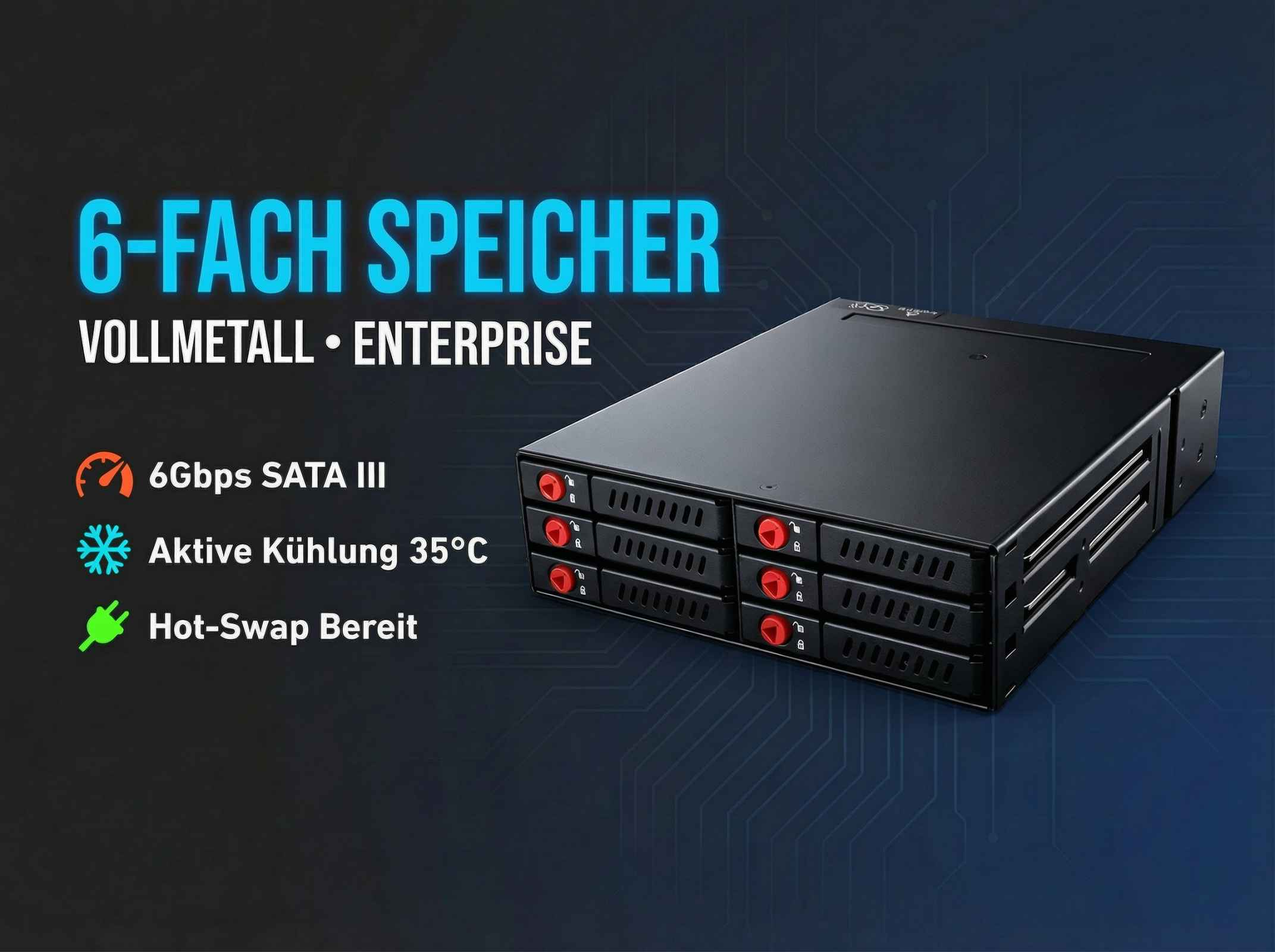 6-Bay-Speichergehäuse mit Vollmetallgehäuse, 6Gbps SATA III, aktiver Kühlung und Hot-Swap-Funktion.