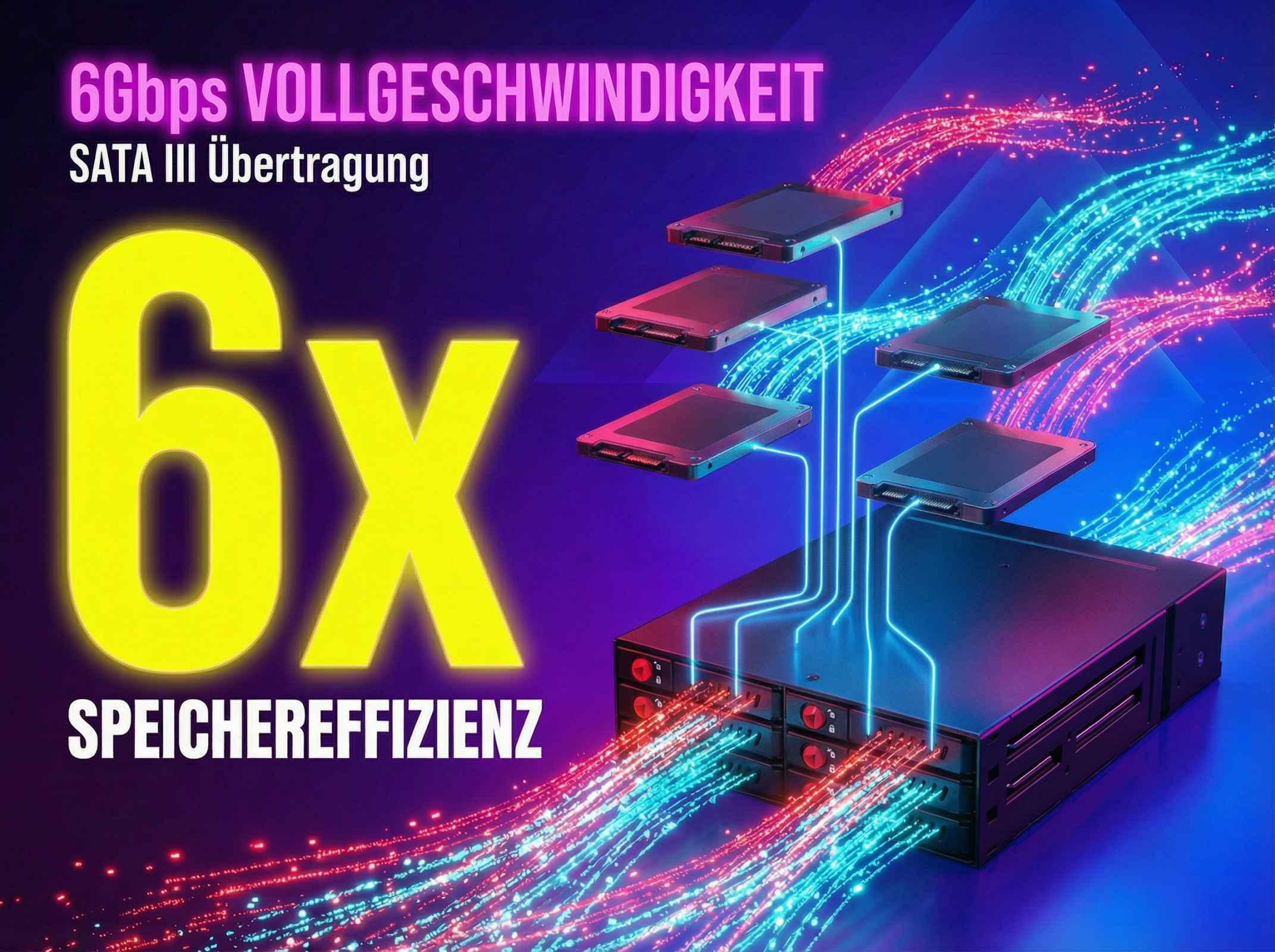 Mehrere SSDs verbunden mit einem Server, die Datenströme visualisieren.