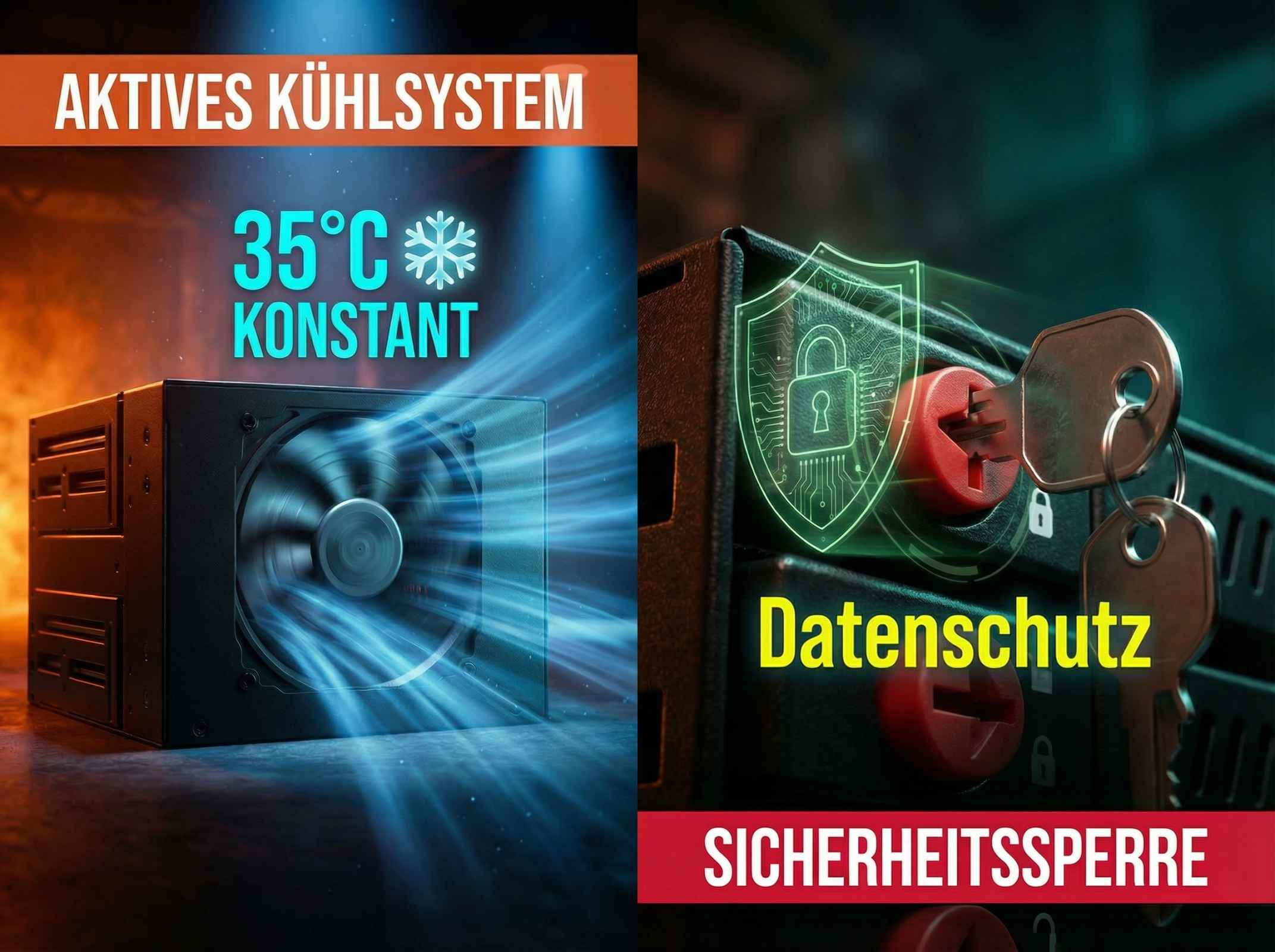 Aktives Kühlsystem mit 35°C konstant und Datensicherheit.
