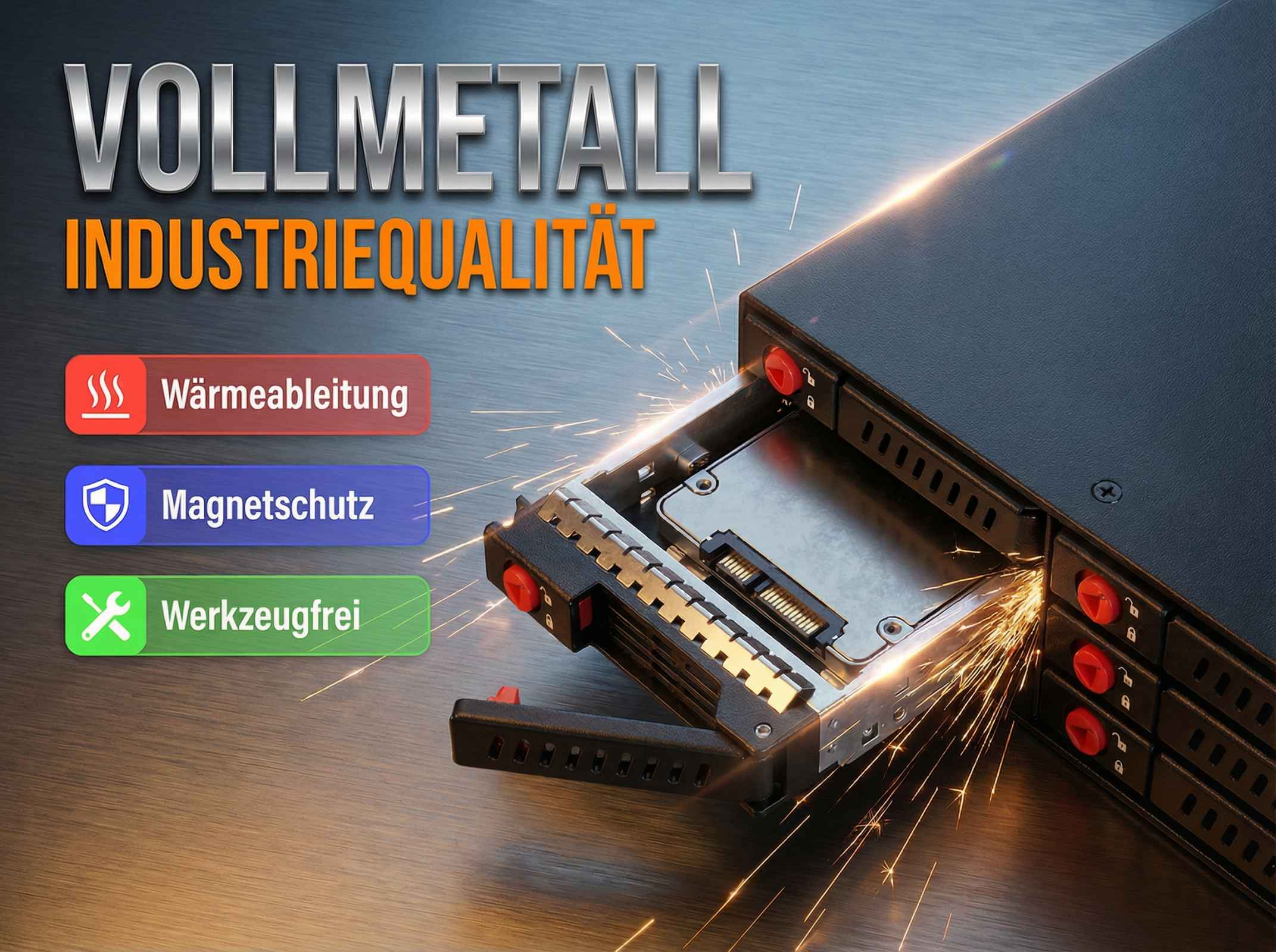 Industrielles Servergehäuse mit herausgezogenem Laufwerk und Funkenflug.