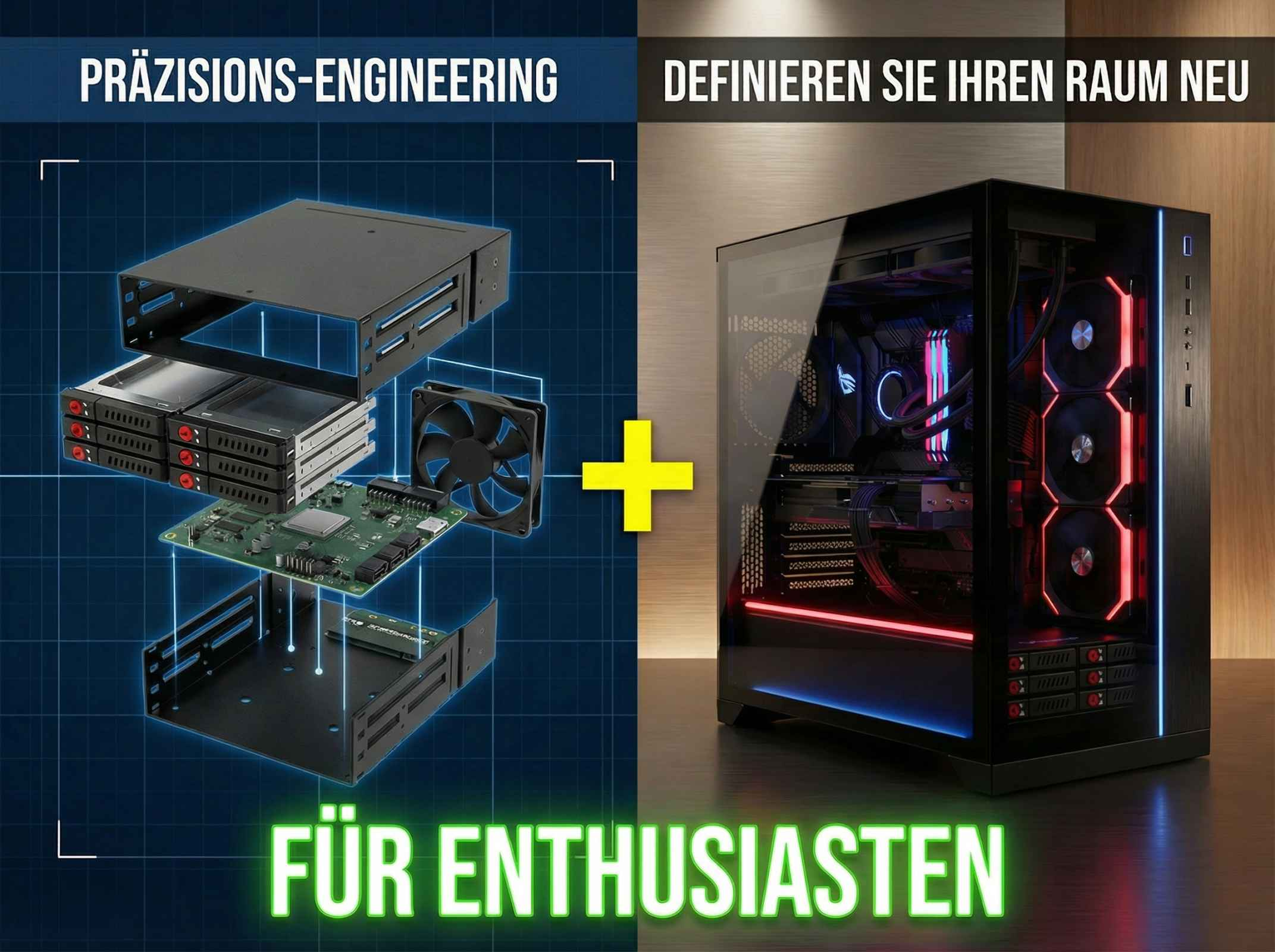 Exploded view PC-Komponenten und fertiger PC mit roter/blauer Beleuchtung.