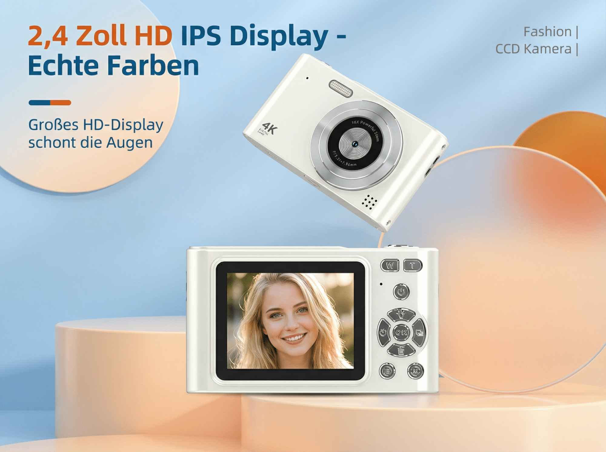 Weiße Digitalkamera mit 16x Zoom und HD-Display zeigt Porträt einer lächelnden Frau.