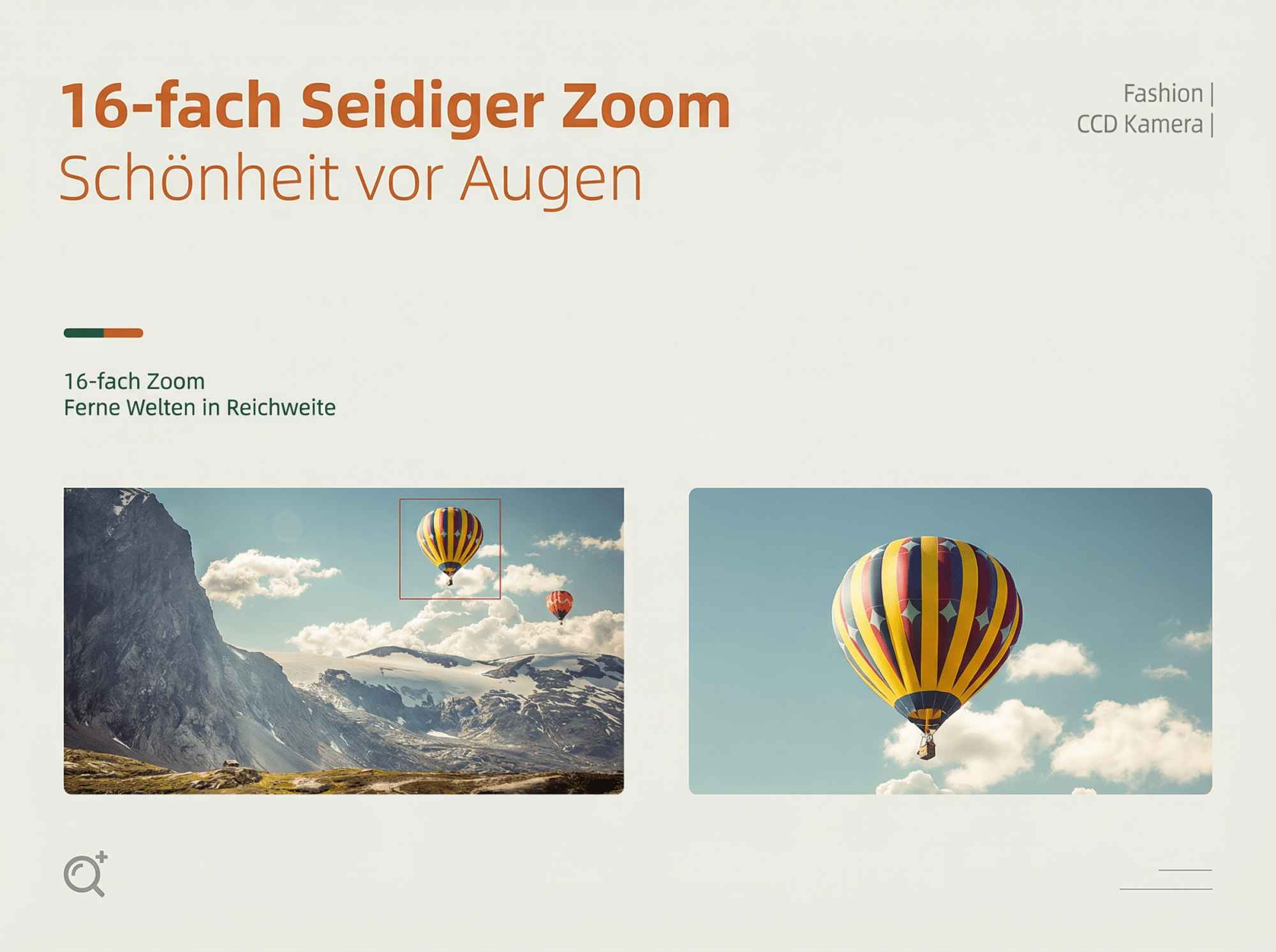 Zwei Heißluftballons steigen in einem Bergpanorama auf, einer mit einem Zoom-Rahmen.