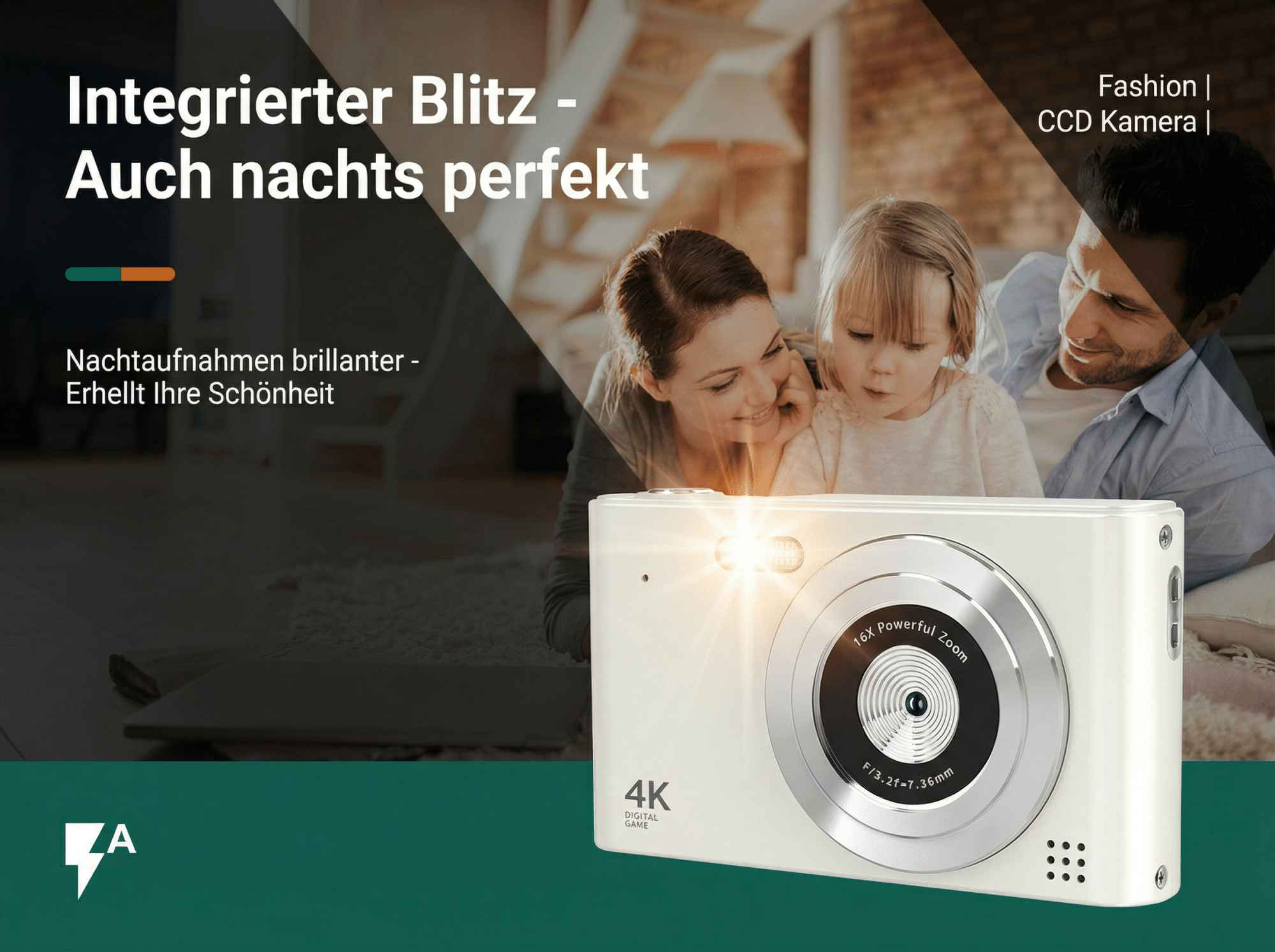 Weiße Kamera mit Blitzlicht, Familie im Hintergrund. 16x Zoom, 4K.