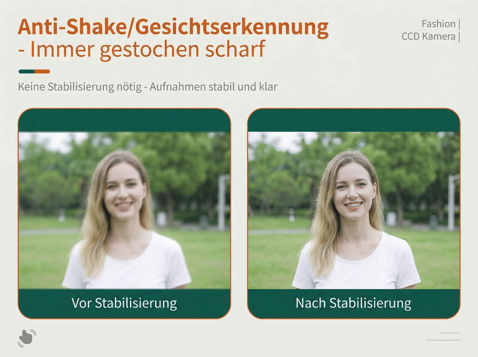 Vergleich: Frau vor und nach Bildstabilisierung. Rechts ist das Bild schärfer.