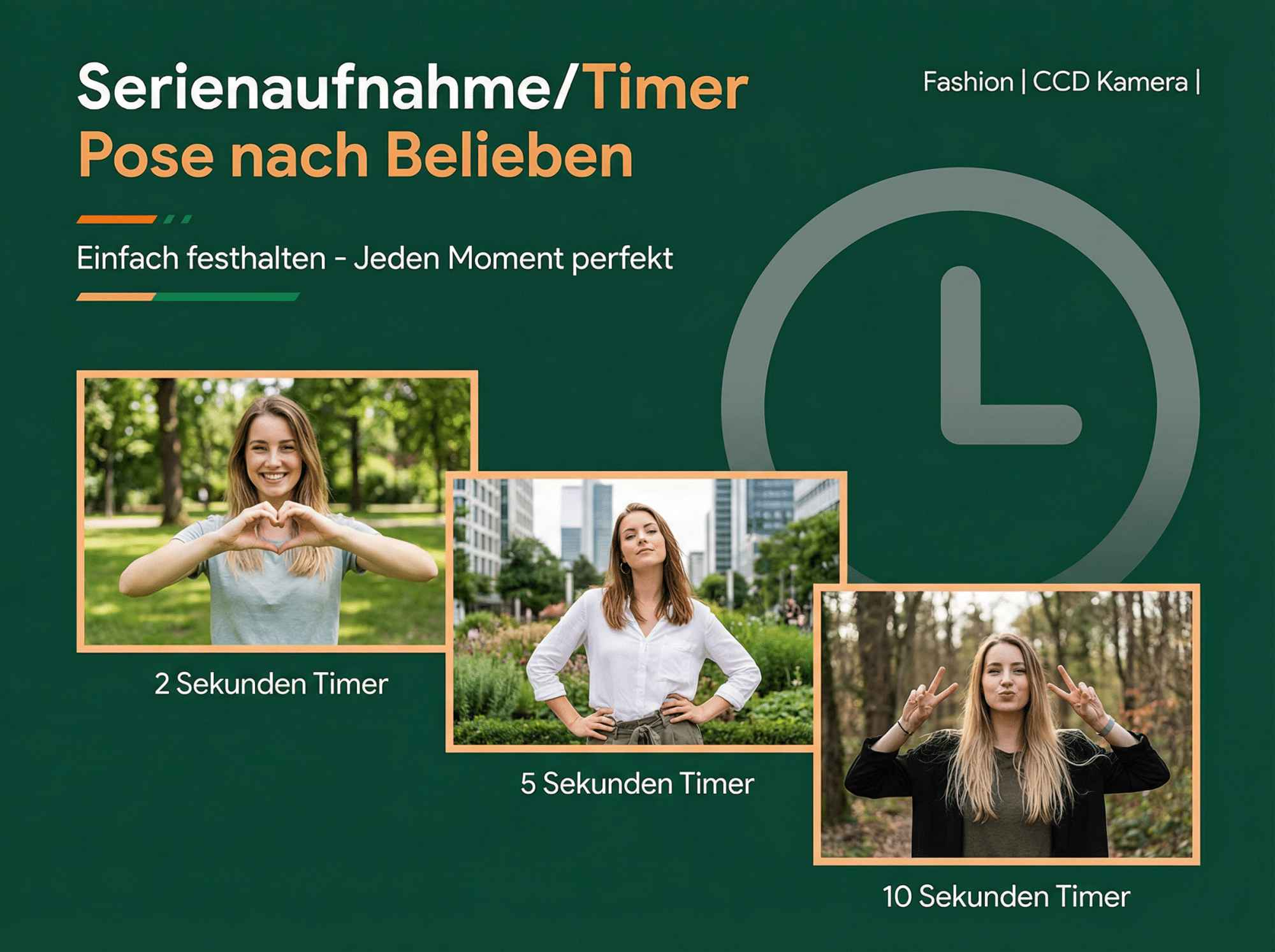 Drei Frauen posieren für Fotos mit Timern: 2, 5 und 10 Sekunden.